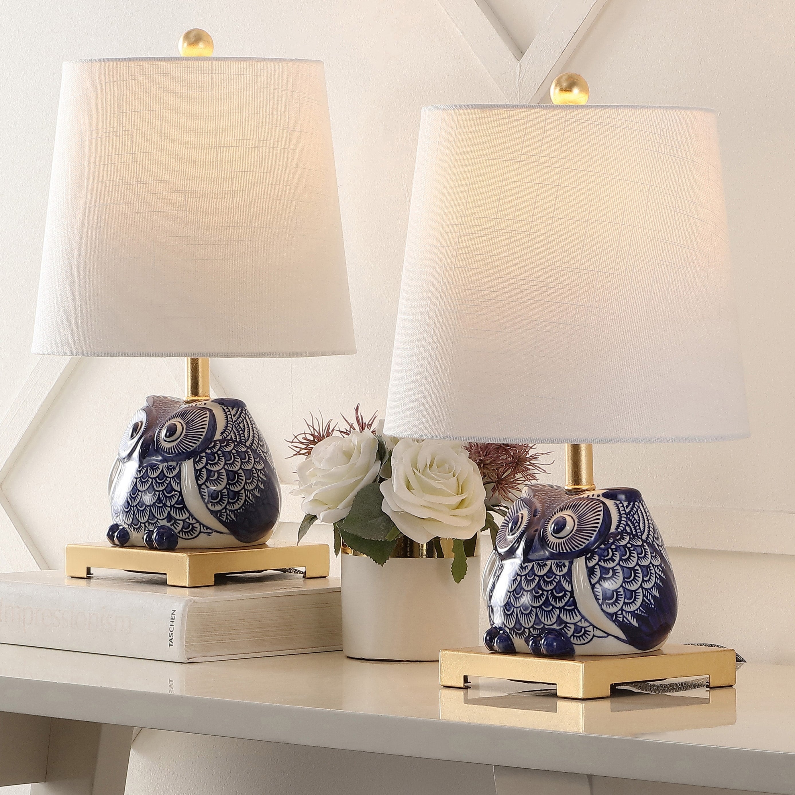Mini lampe de table en céramique Tiki 16, bleu/blanc (lot de 2) par JONATHAN Y
