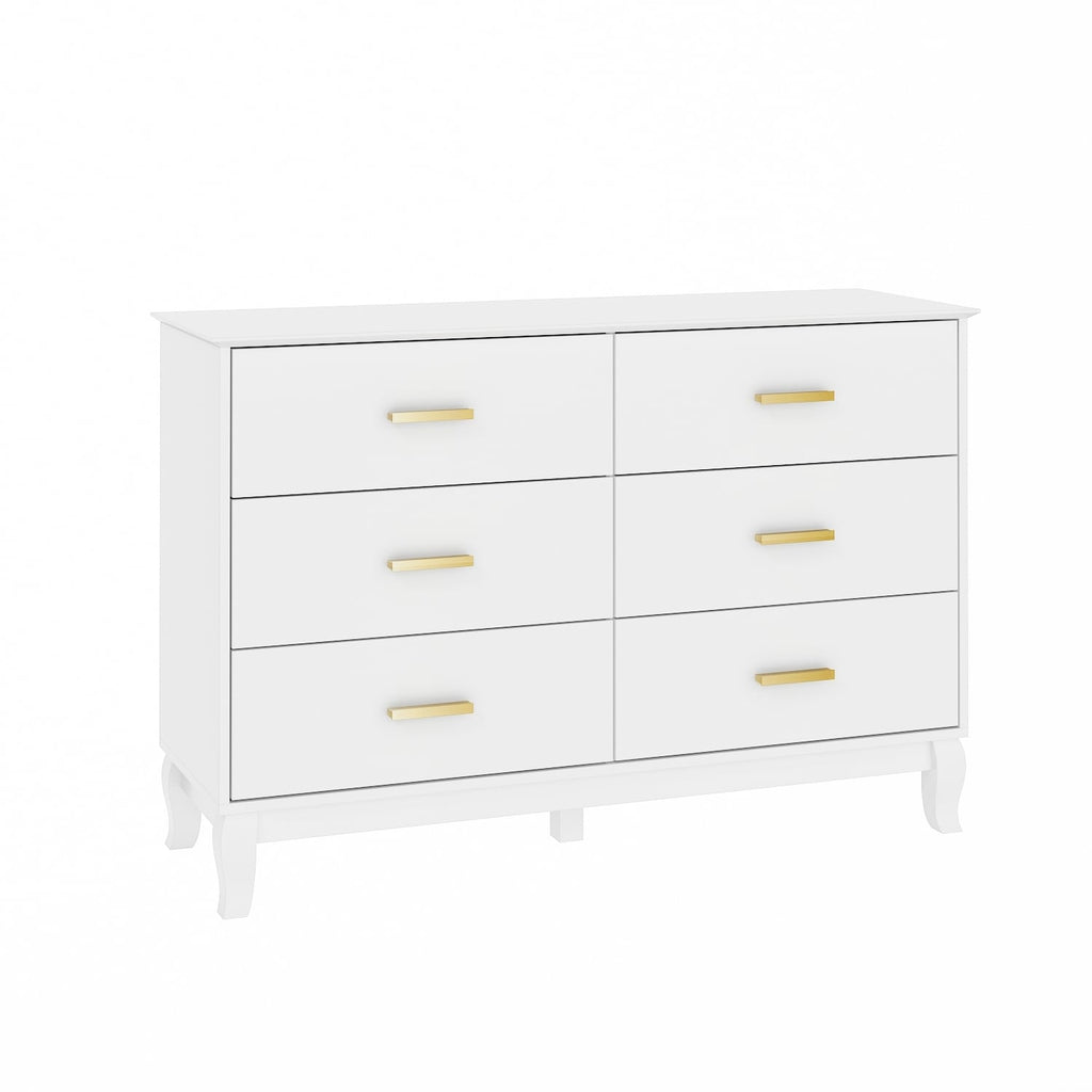 Commode double Timechee à 6 tiroirs, 47,2 po de largeur, pieds en bois massif, coffre laqué