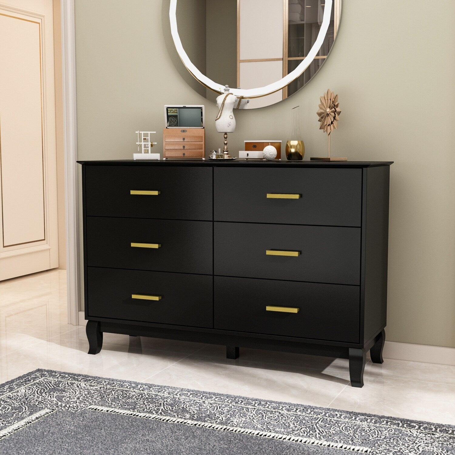 Commode double Timechee à 6 tiroirs, 47,2 po de largeur, pieds en bois massif, coffre laqué