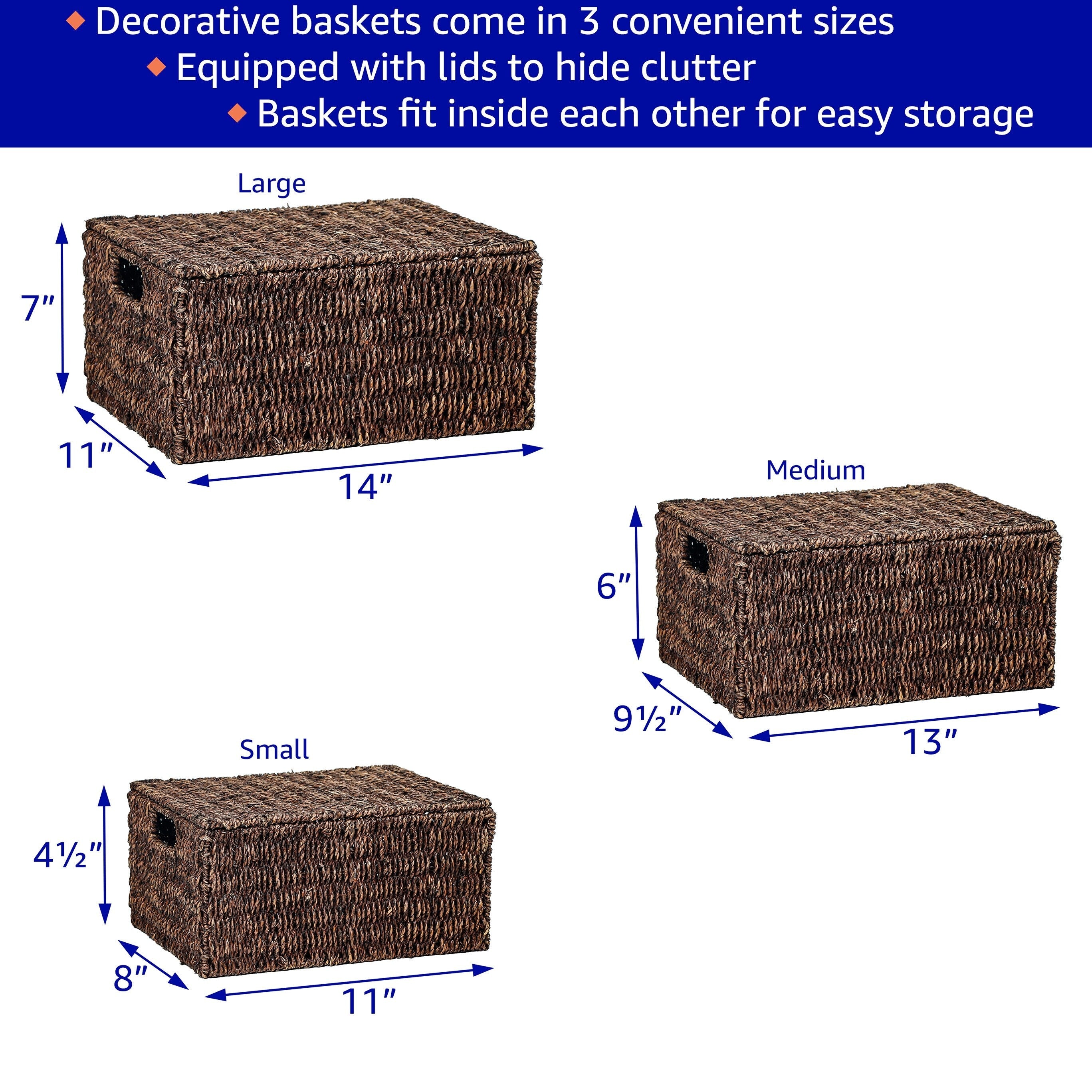 Trademark Innovations Lot de 3 paniers rectangulaires en jonc de mer avec couvercles (petits)