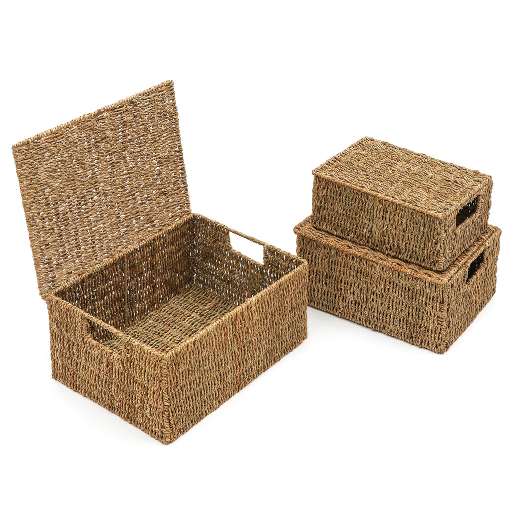 Trademark Innovations Lot de 3 paniers rectangulaires en jonc de mer avec couvercles (petits)