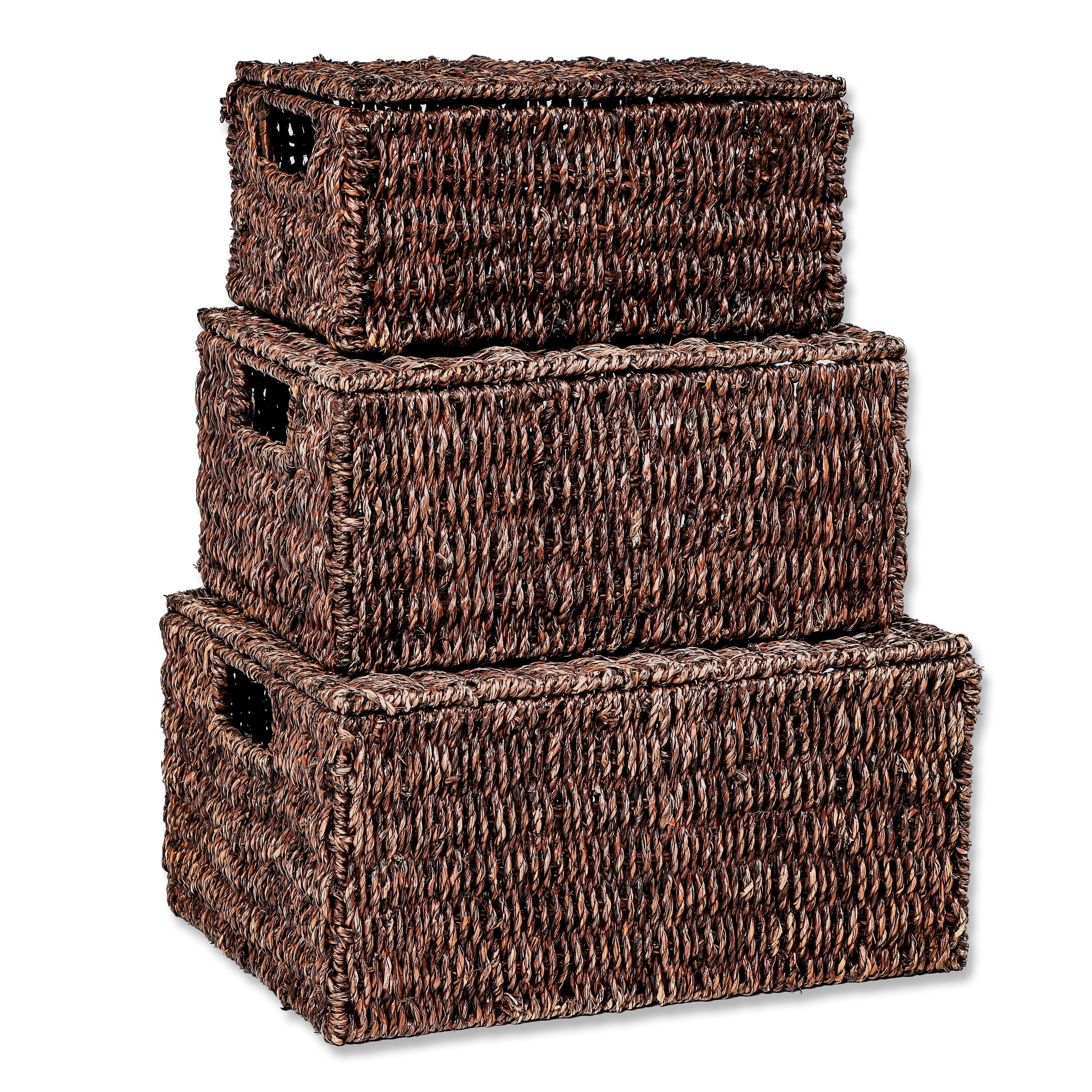 Trademark Innovations Lot de 3 paniers rectangulaires en jonc de mer avec couvercles (petits)