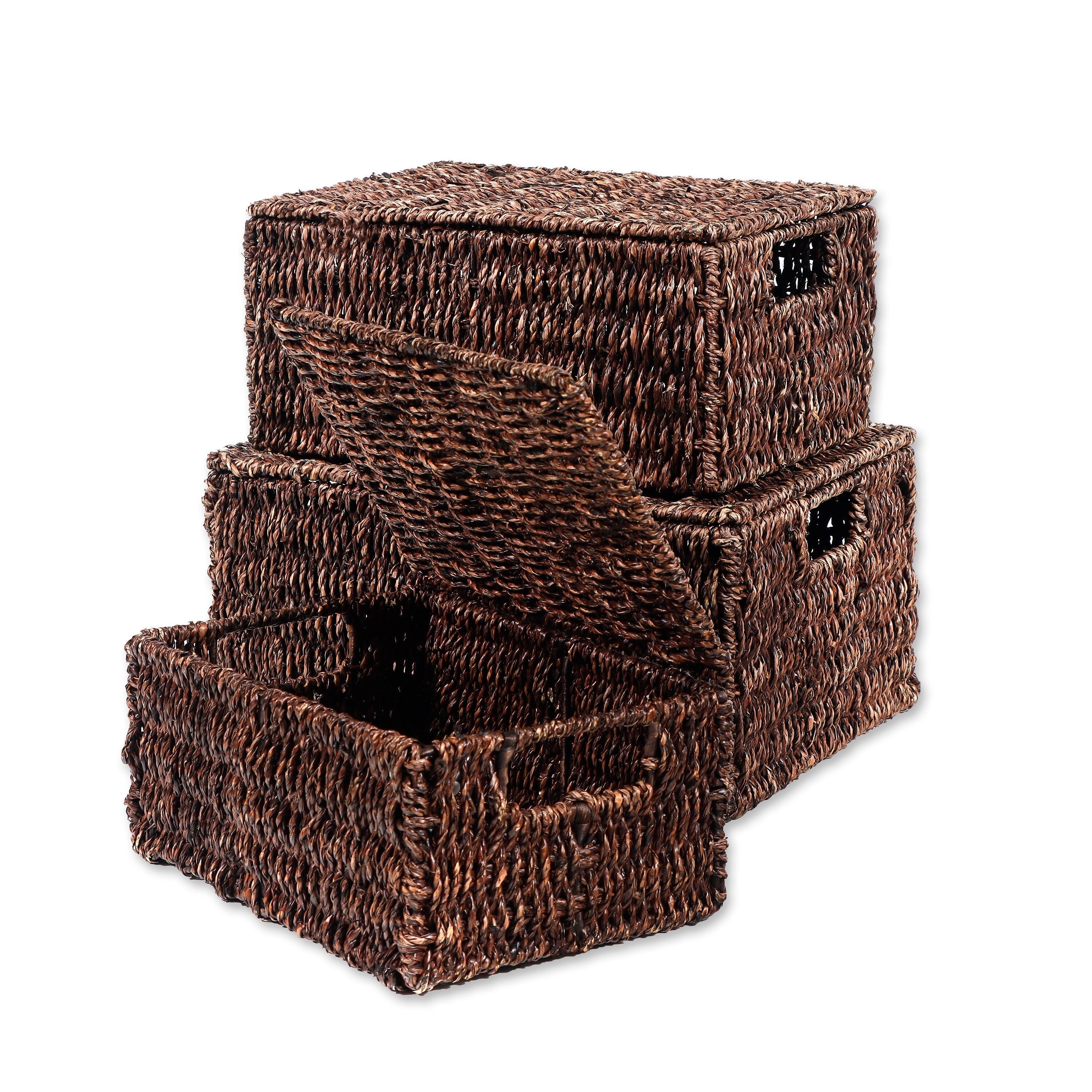 Trademark Innovations Lot de 3 paniers rectangulaires en jonc de mer avec couvercles (petits)