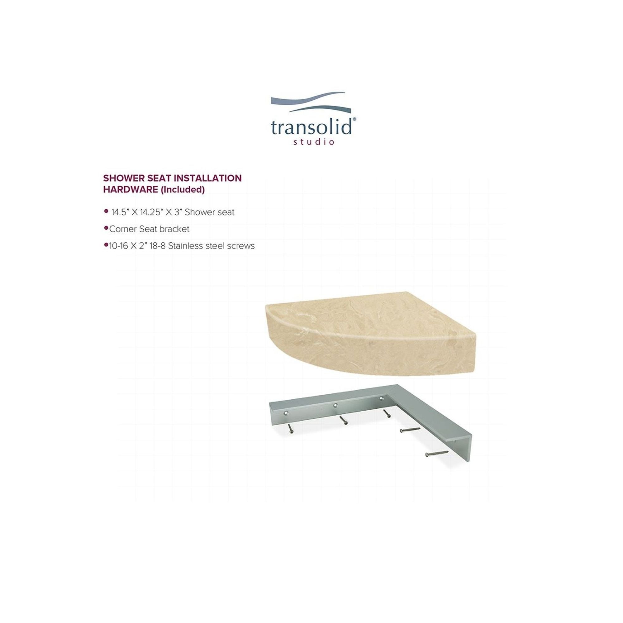 Siège de douche d'angle mural en surface solide Transolid Studio 14 po x 14 po - 14,5 x 14,25 x 3