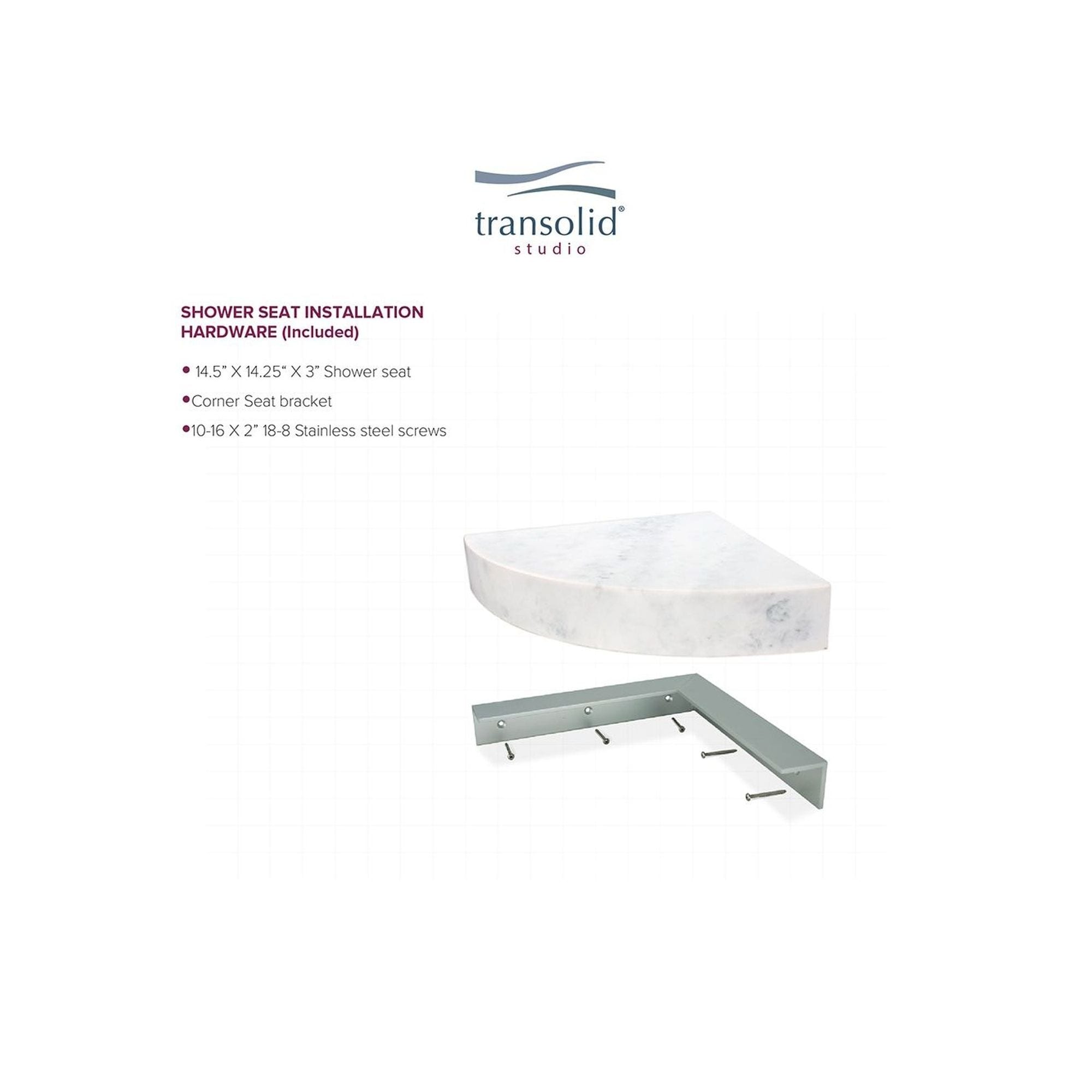 Siège de douche d'angle mural en surface solide Transolid Studio 14 po x 14 po - 14,5 x 14,25 x 3