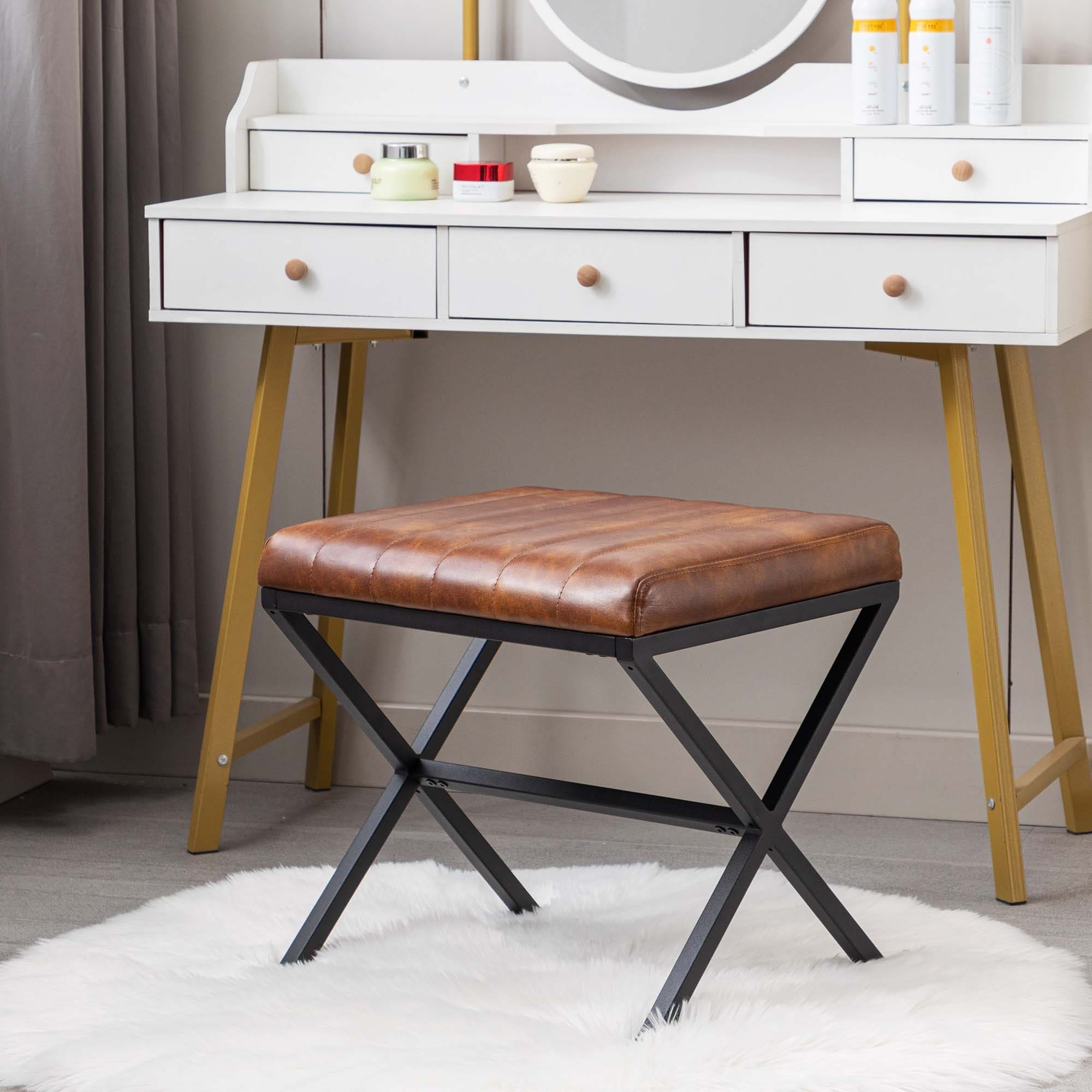 Banc de coiffeuse capitonné en similicuir avec pieds en métal en forme de X