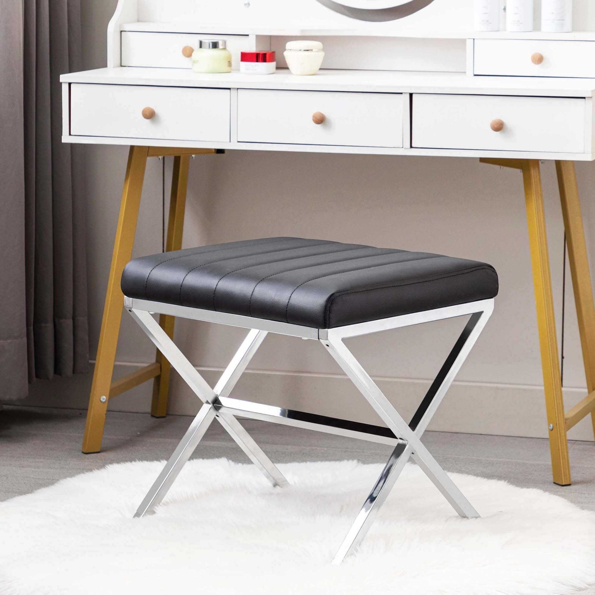 Banc de coiffeuse capitonné en similicuir avec pieds en métal en forme de X