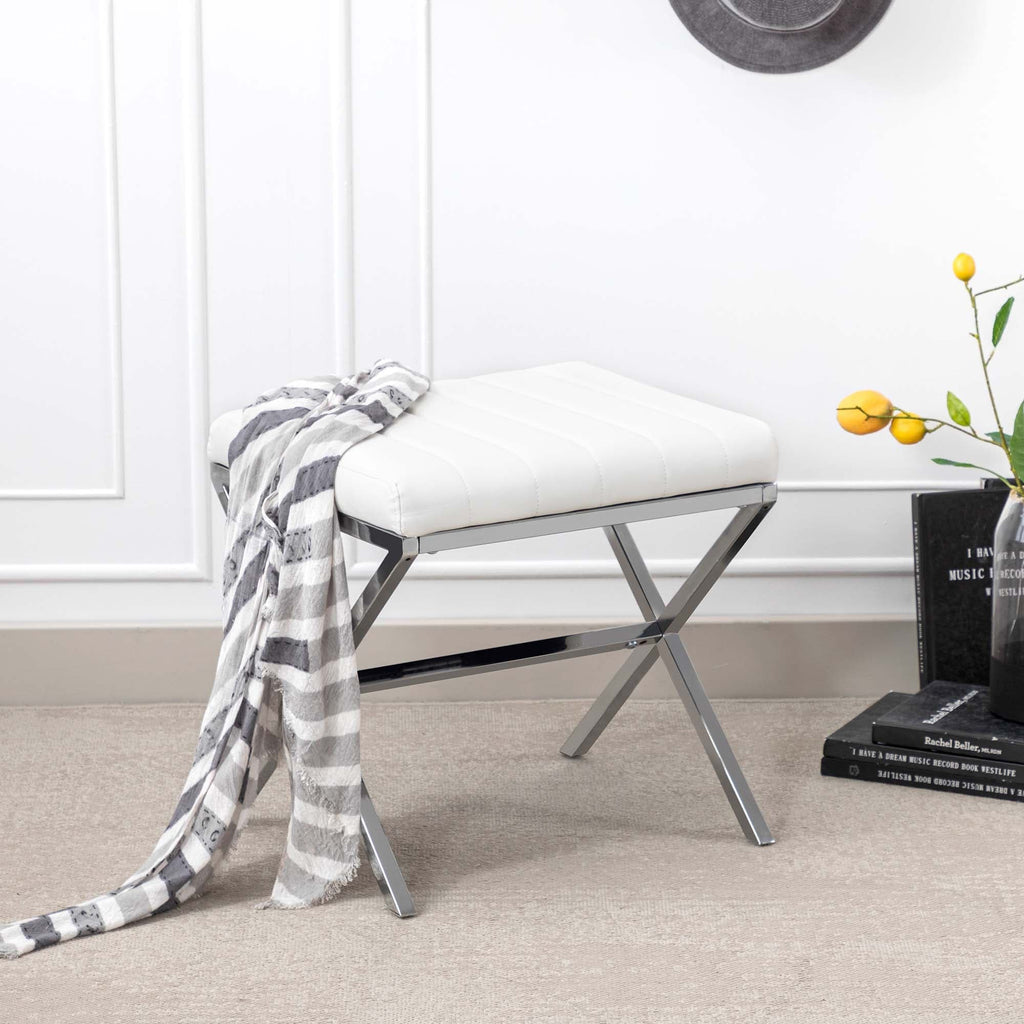 Banc de coiffeuse capitonné en similicuir avec pieds en métal en forme de X