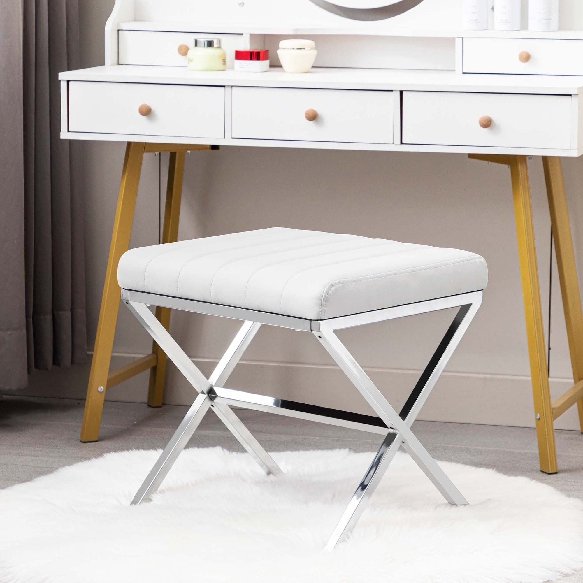 Banc de coiffeuse capitonné en similicuir avec pieds en métal en forme de X