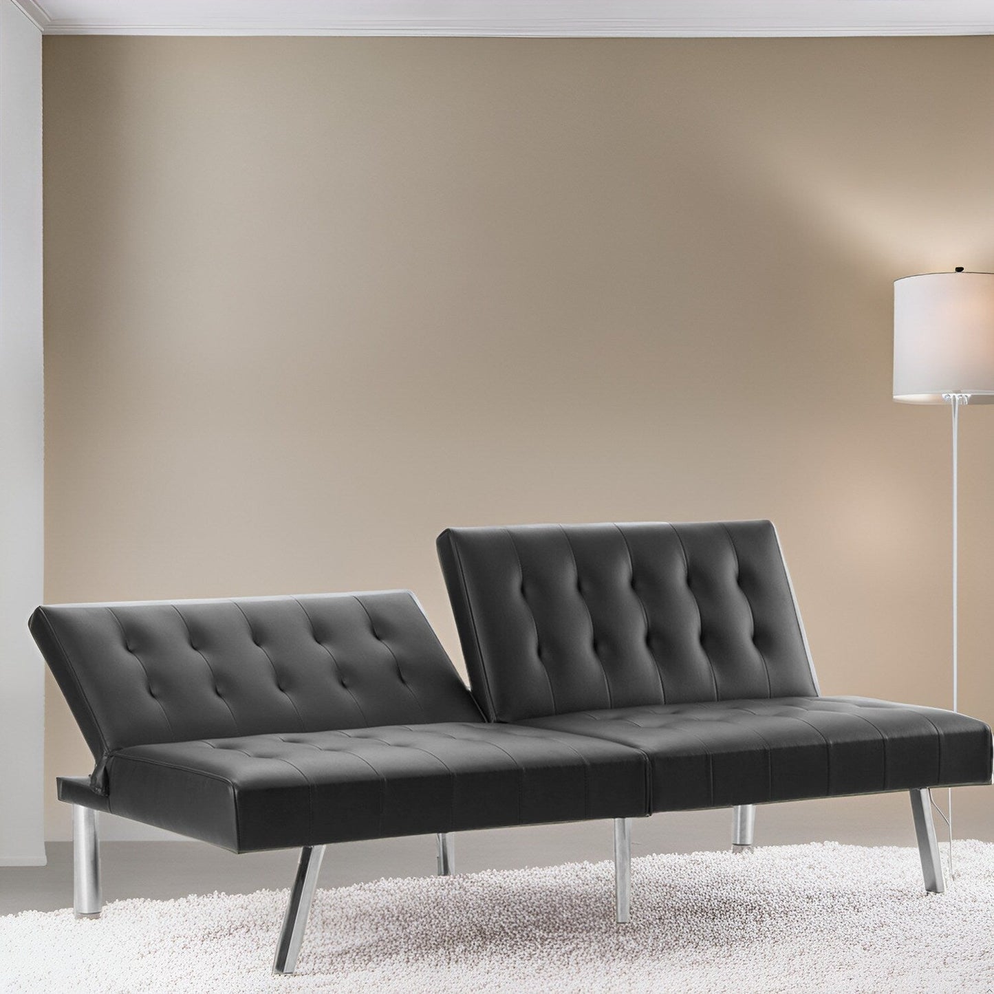 Canapé-lit futon capitonné moderne du milieu du siècle avec dossier divisé et pieds chromés