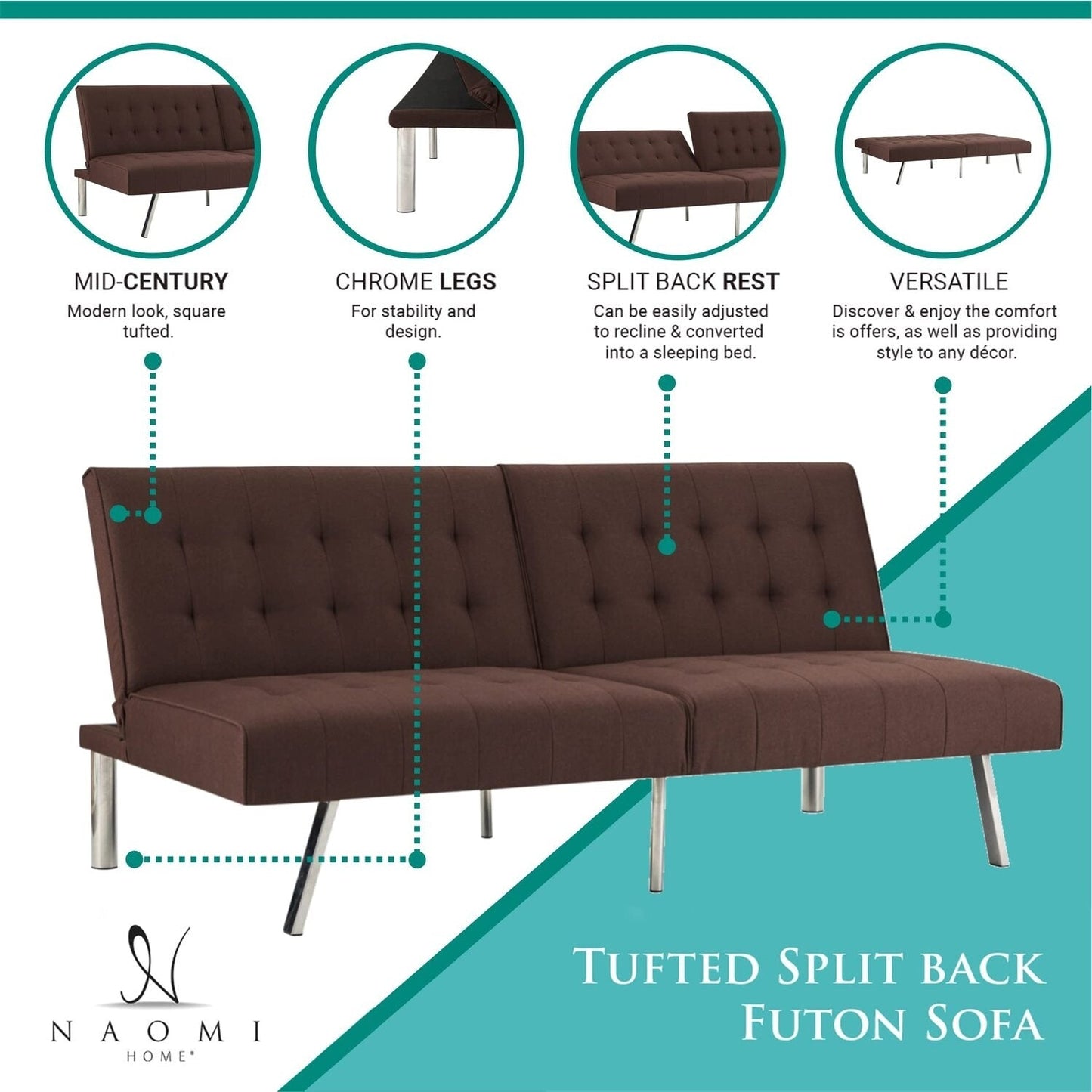 Canapé-lit futon capitonné moderne du milieu du siècle avec dossier divisé et pieds chromés
