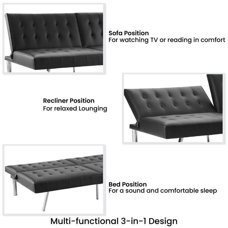 Canapé-lit futon capitonné moderne du milieu du siècle avec dossier divisé et pieds chromés