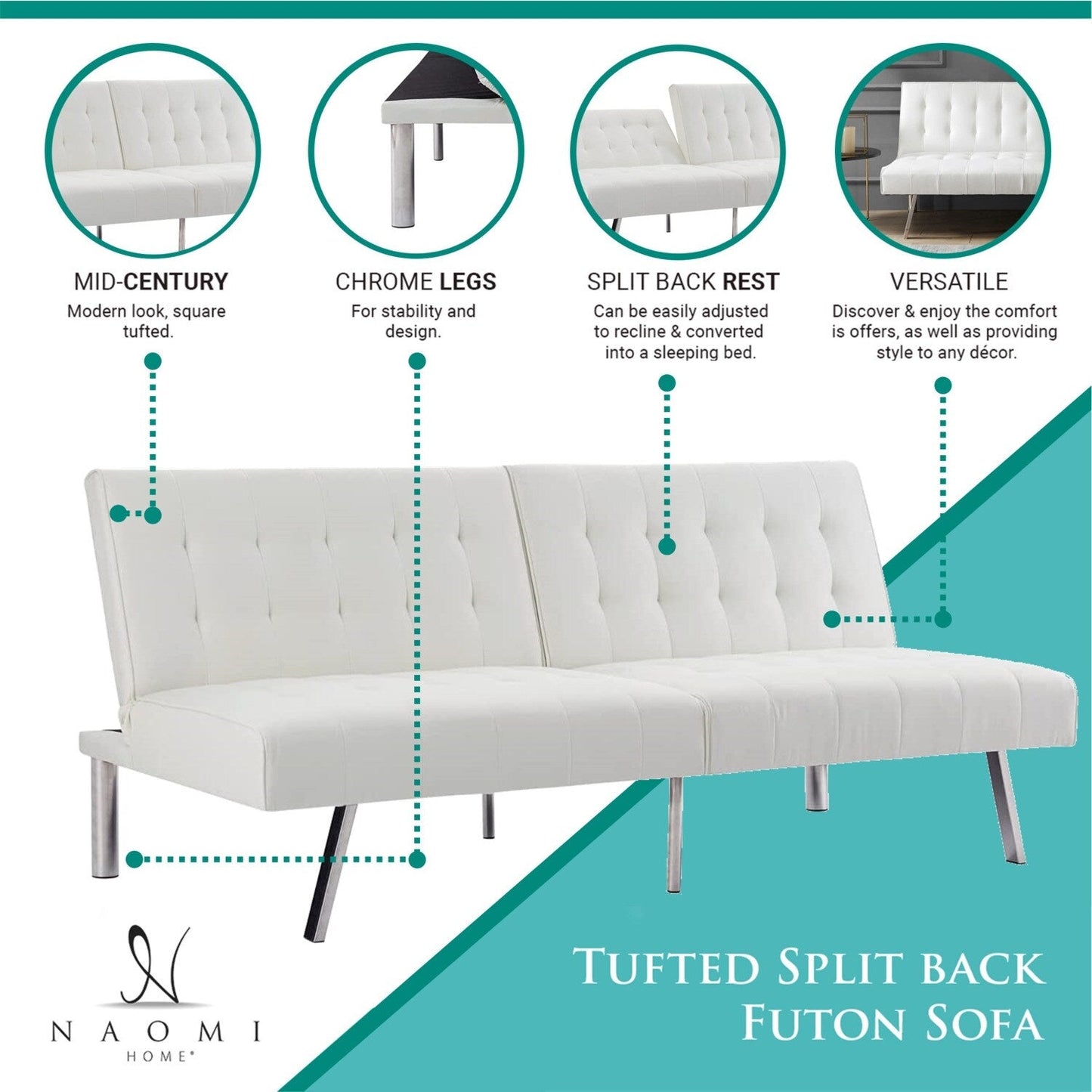 Canapé-lit futon capitonné moderne du milieu du siècle avec dossier divisé et pieds chromés