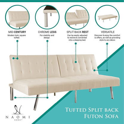 Canapé-lit futon capitonné moderne du milieu du siècle avec dossier divisé et pieds chromés