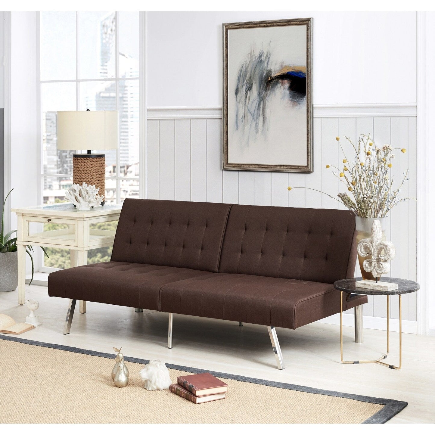 Canapé-lit futon capitonné moderne du milieu du siècle avec dossier divisé et pieds chromés