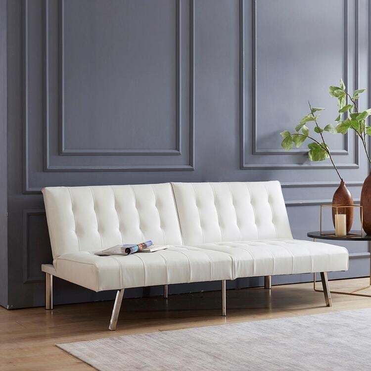 Canapé-lit futon capitonné moderne du milieu du siècle avec dossier divisé et pieds chromés
