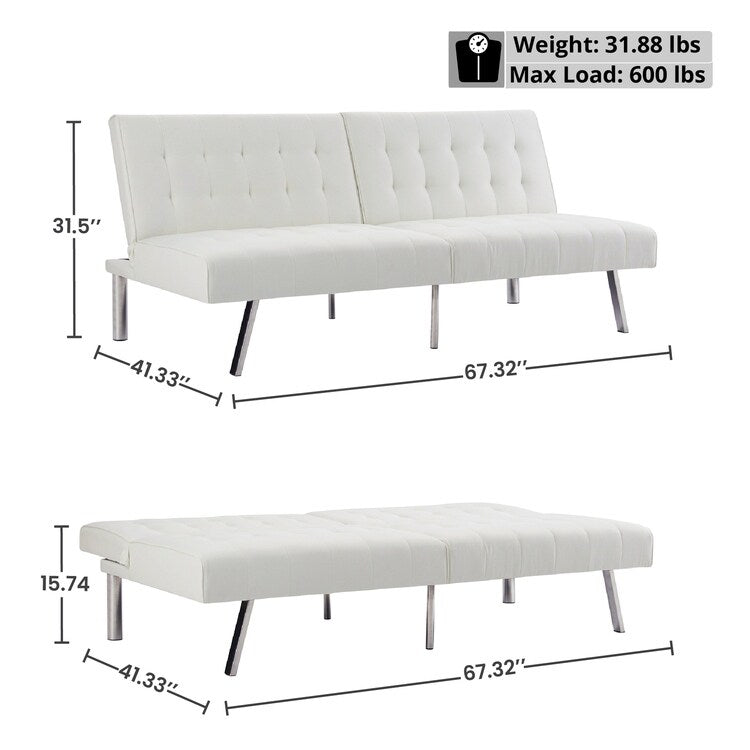 Canapé-lit futon capitonné moderne du milieu du siècle avec dossier divisé et pieds chromés