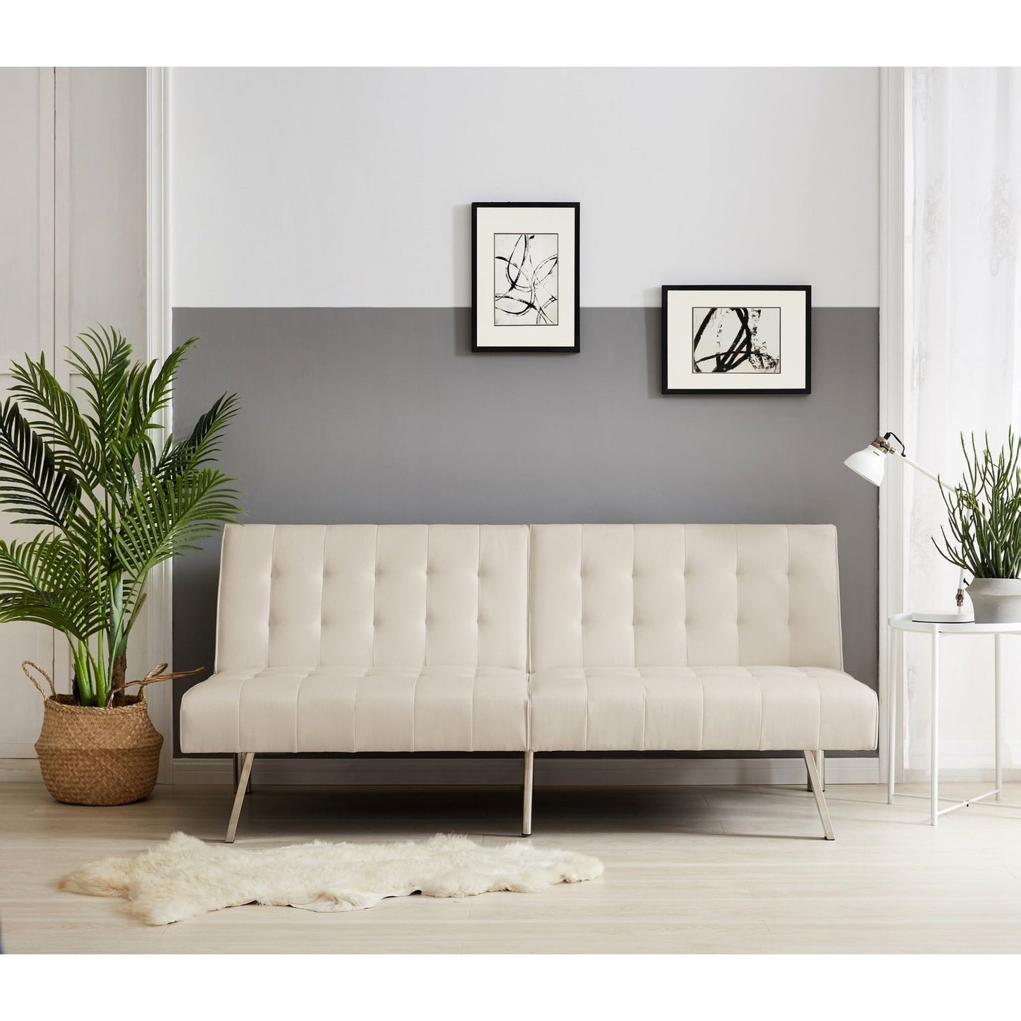 Canapé-lit futon capitonné moderne du milieu du siècle avec dossier divisé et pieds chromés