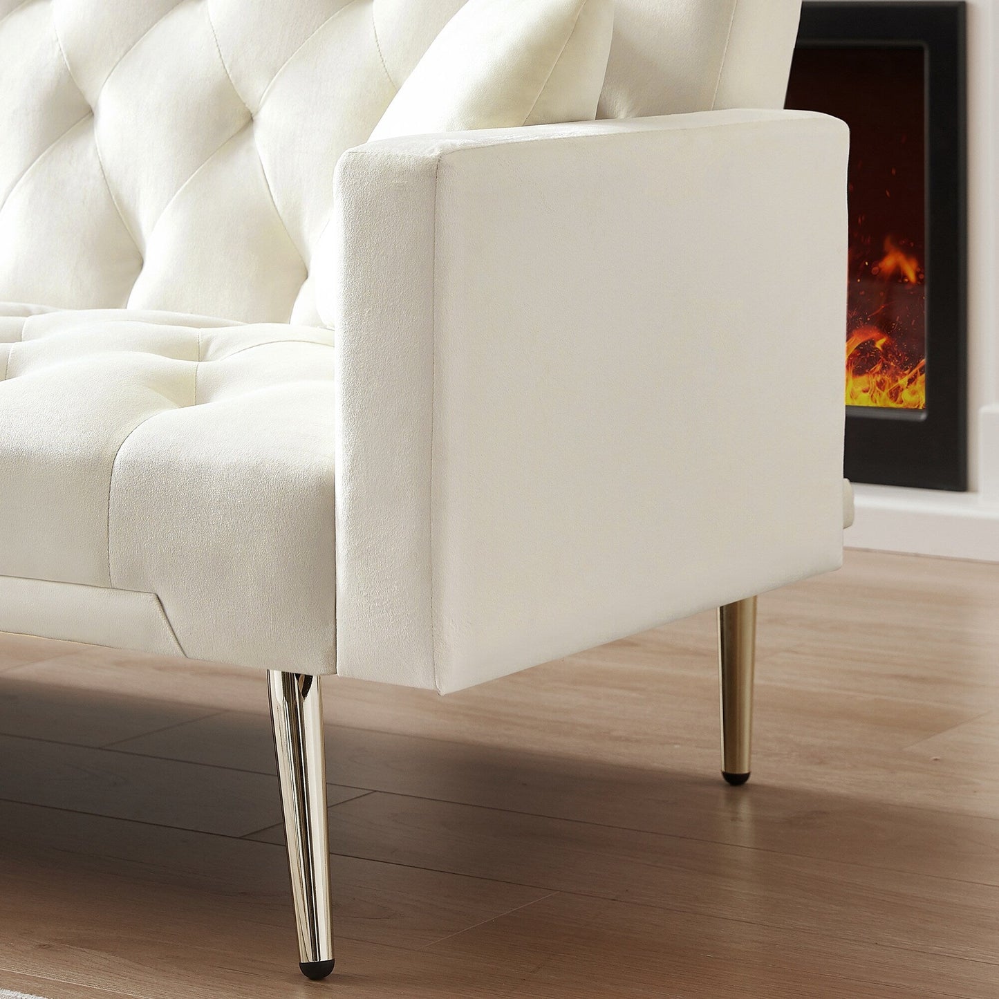 Canapé-lit convertible capitonné et pliable, couleur blanc crème