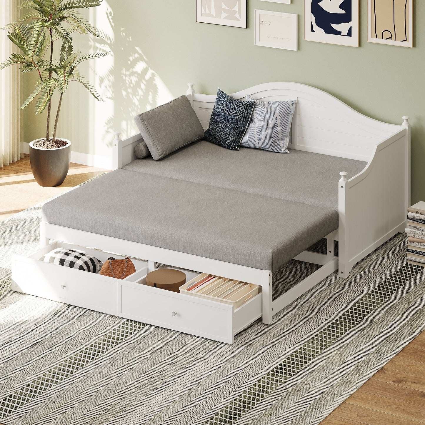 Lit de repos double en bois avec tiroirs de rangement, canapé-lit en bois pour salon, chambre d'amis