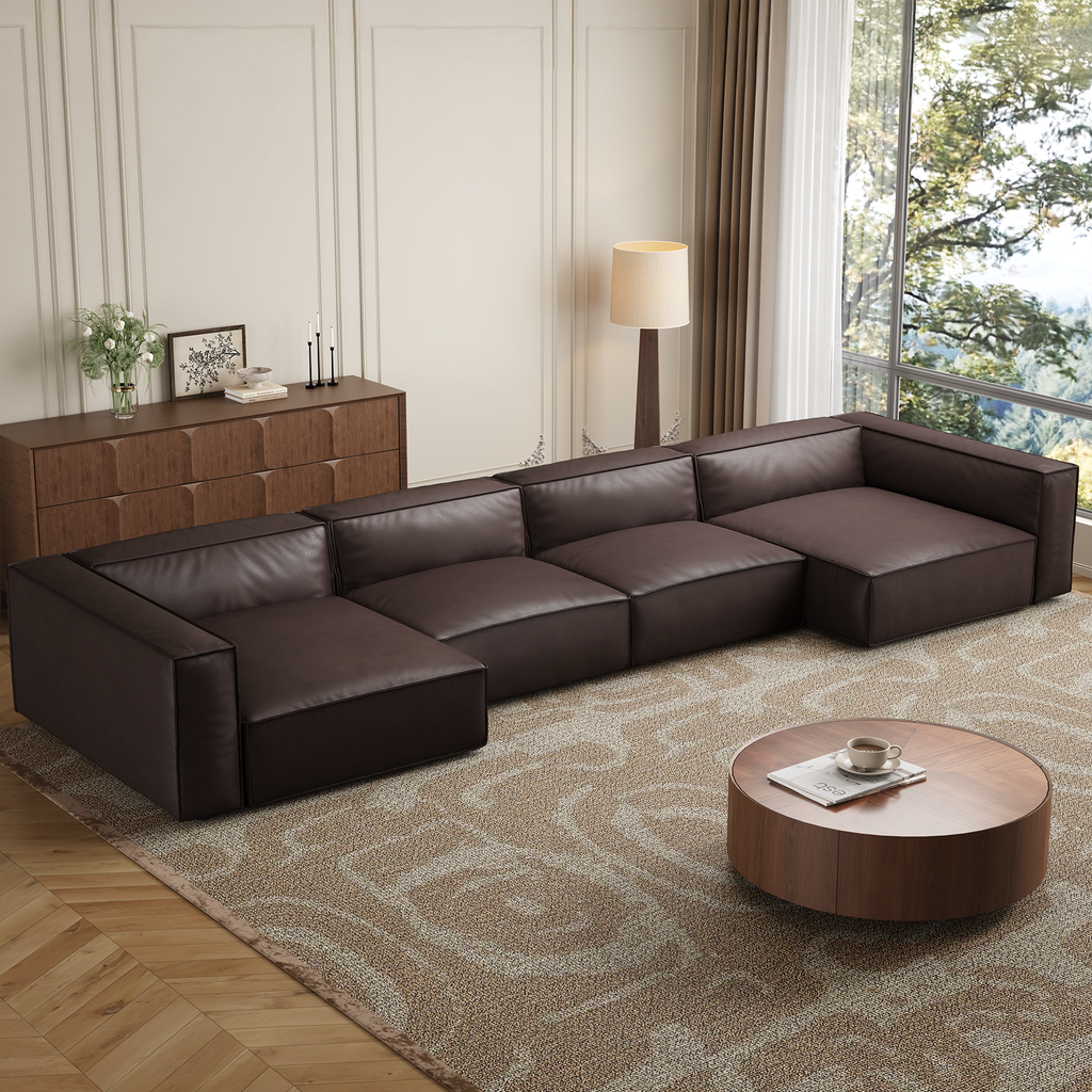 Canapé d'angle en U de luxe minimaliste en cuir marron foncé