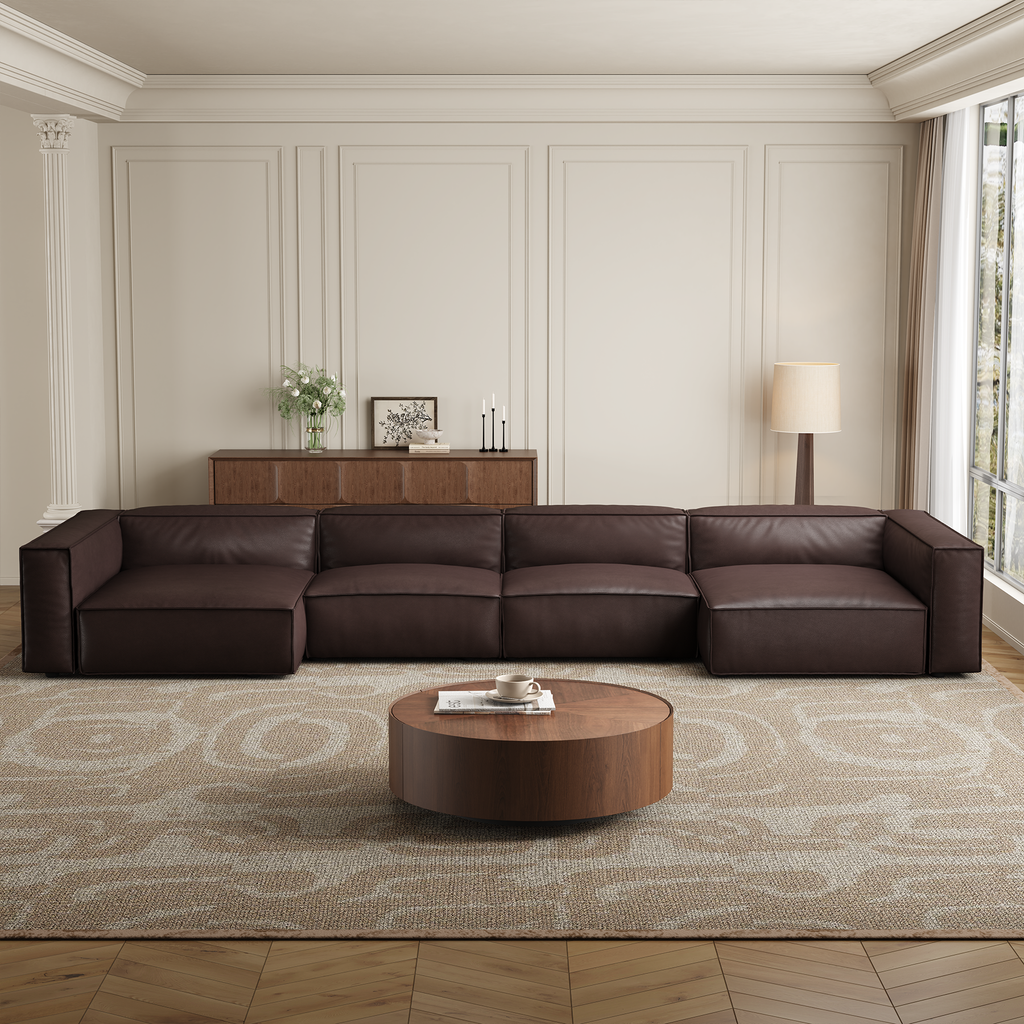 Canapé d'angle en U de luxe minimaliste en cuir marron foncé