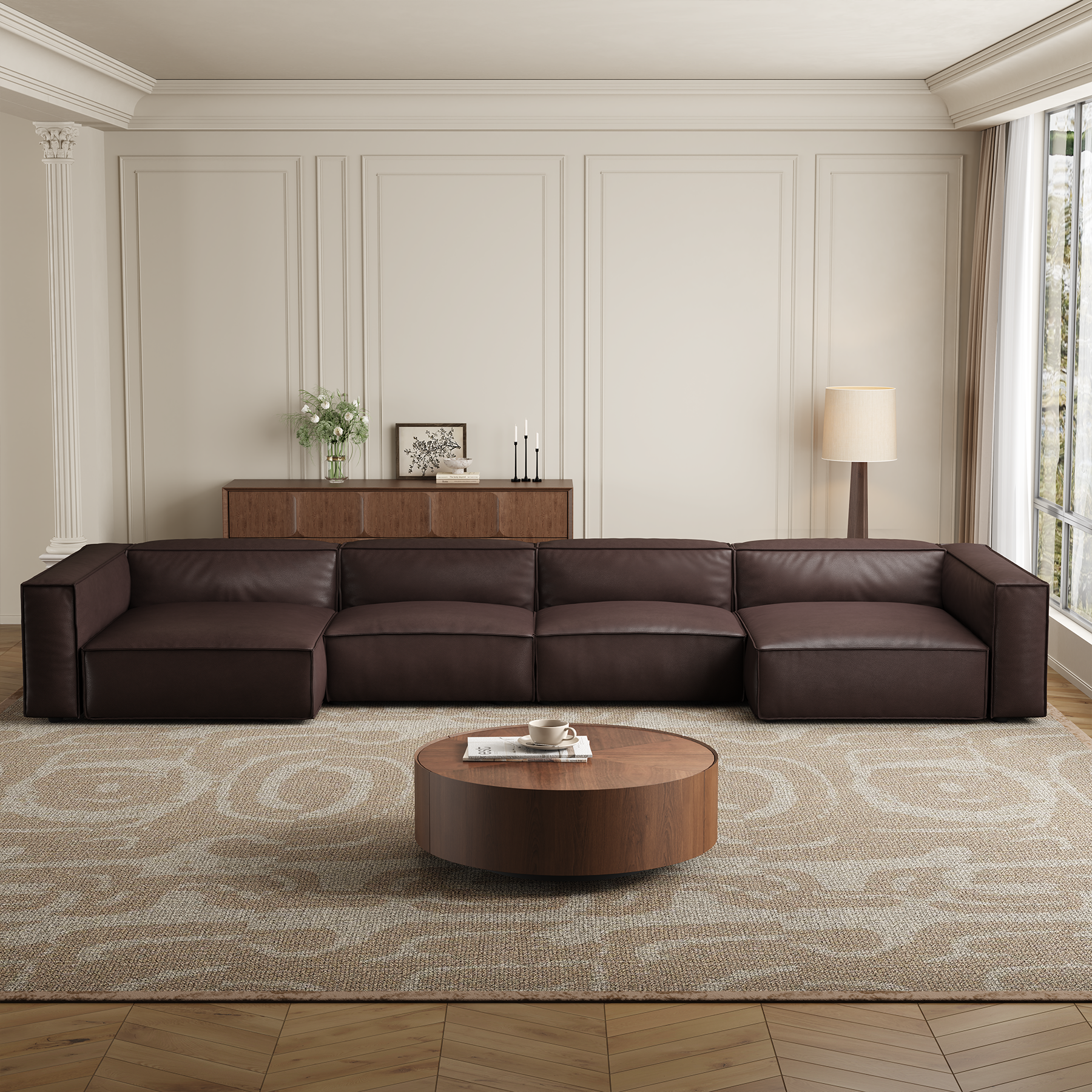 Canapé d'angle en U de luxe minimaliste en cuir marron foncé