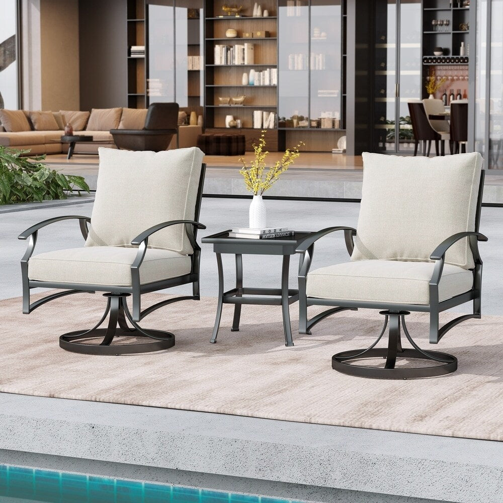 Fauteuil à bascule pivotant d'extérieur Uixe 3 pièces avec coussin et table d'appoint
