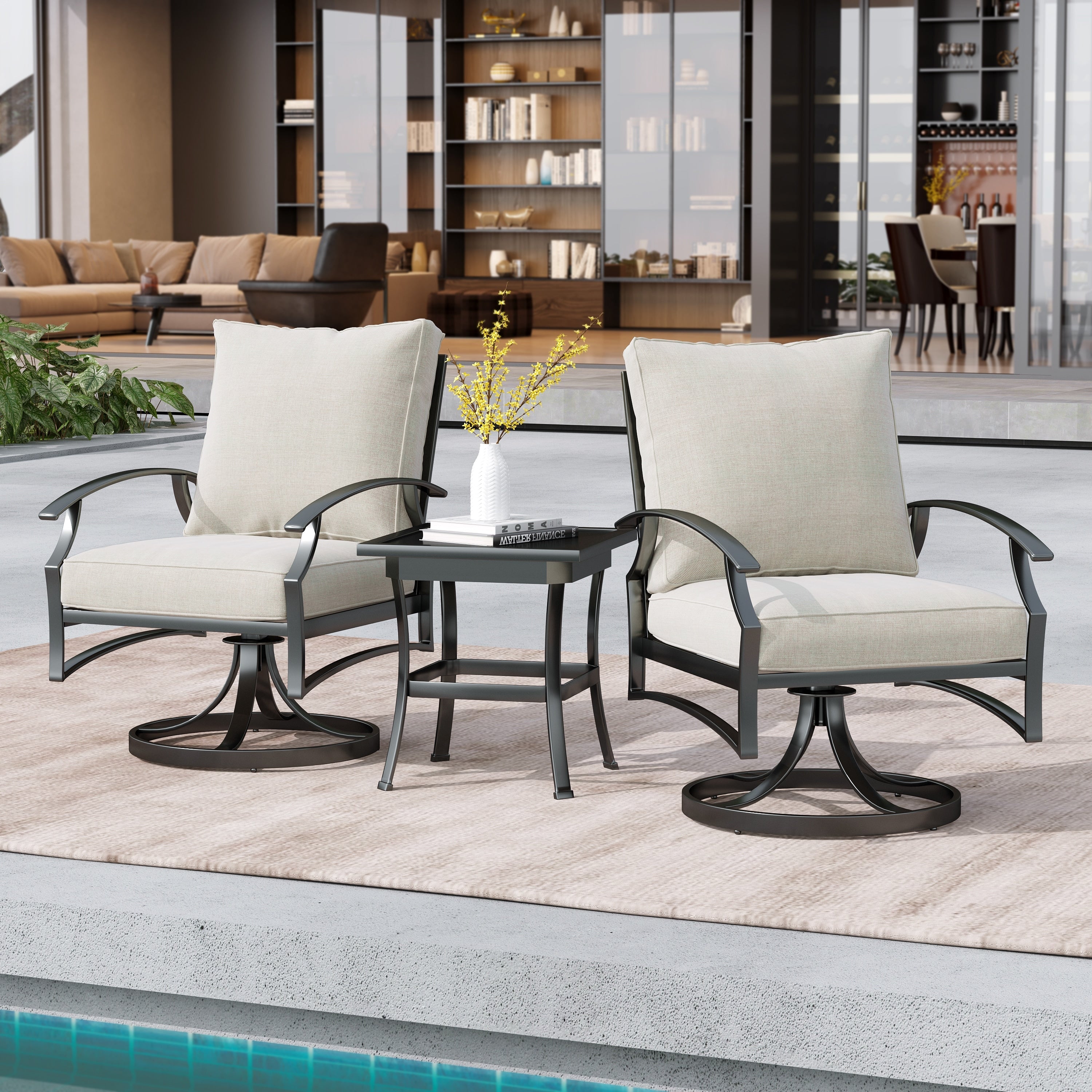 Fauteuil à bascule pivotant d'extérieur Uixe 3 pièces avec coussin et table d'appoint