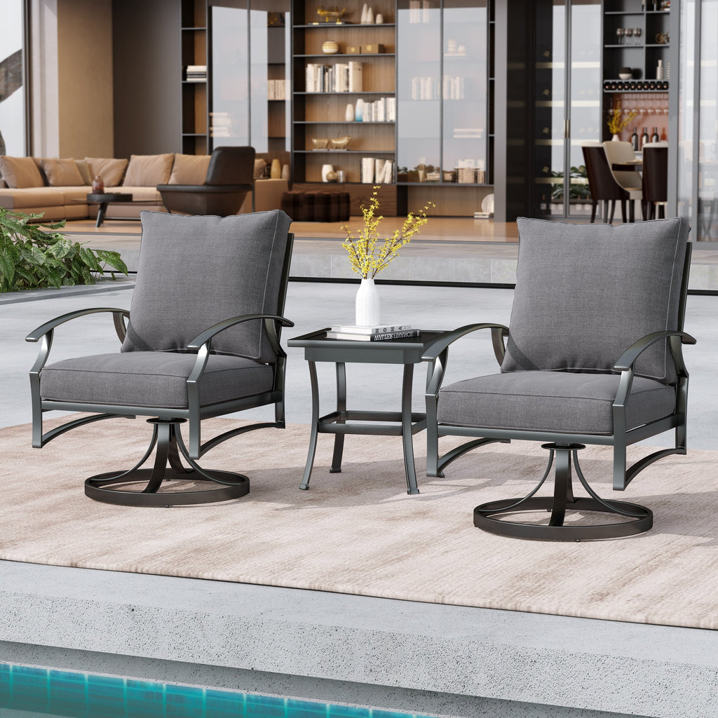 Fauteuil à bascule pivotant d'extérieur Uixe 3 pièces avec coussin et table d'appoint