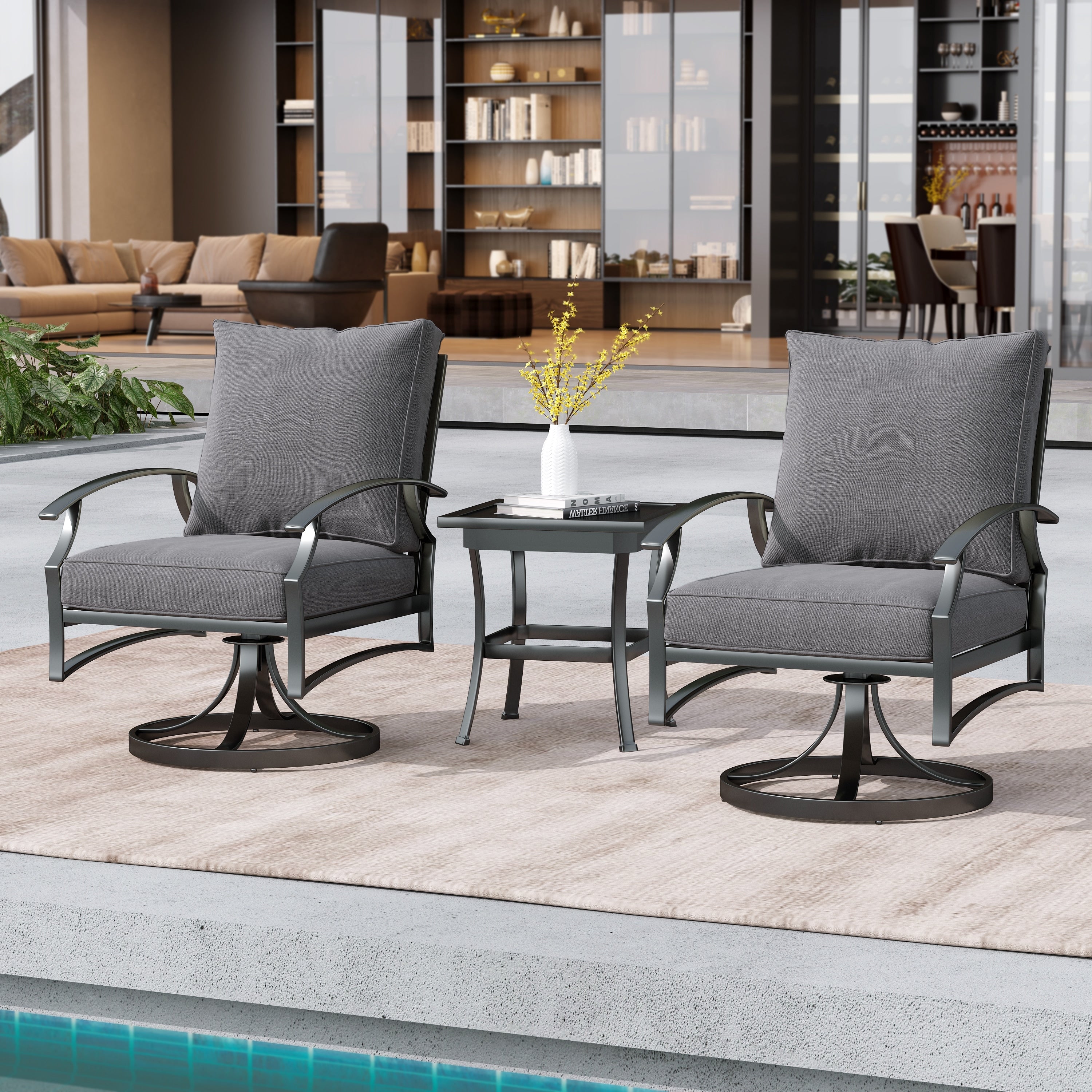 Fauteuil à bascule pivotant d'extérieur Uixe 3 pièces avec coussin et table d'appoint