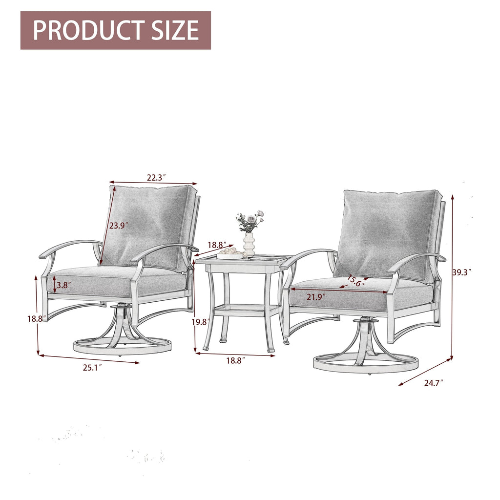 Fauteuil à bascule pivotant d'extérieur Uixe 3 pièces avec coussin et table d'appoint