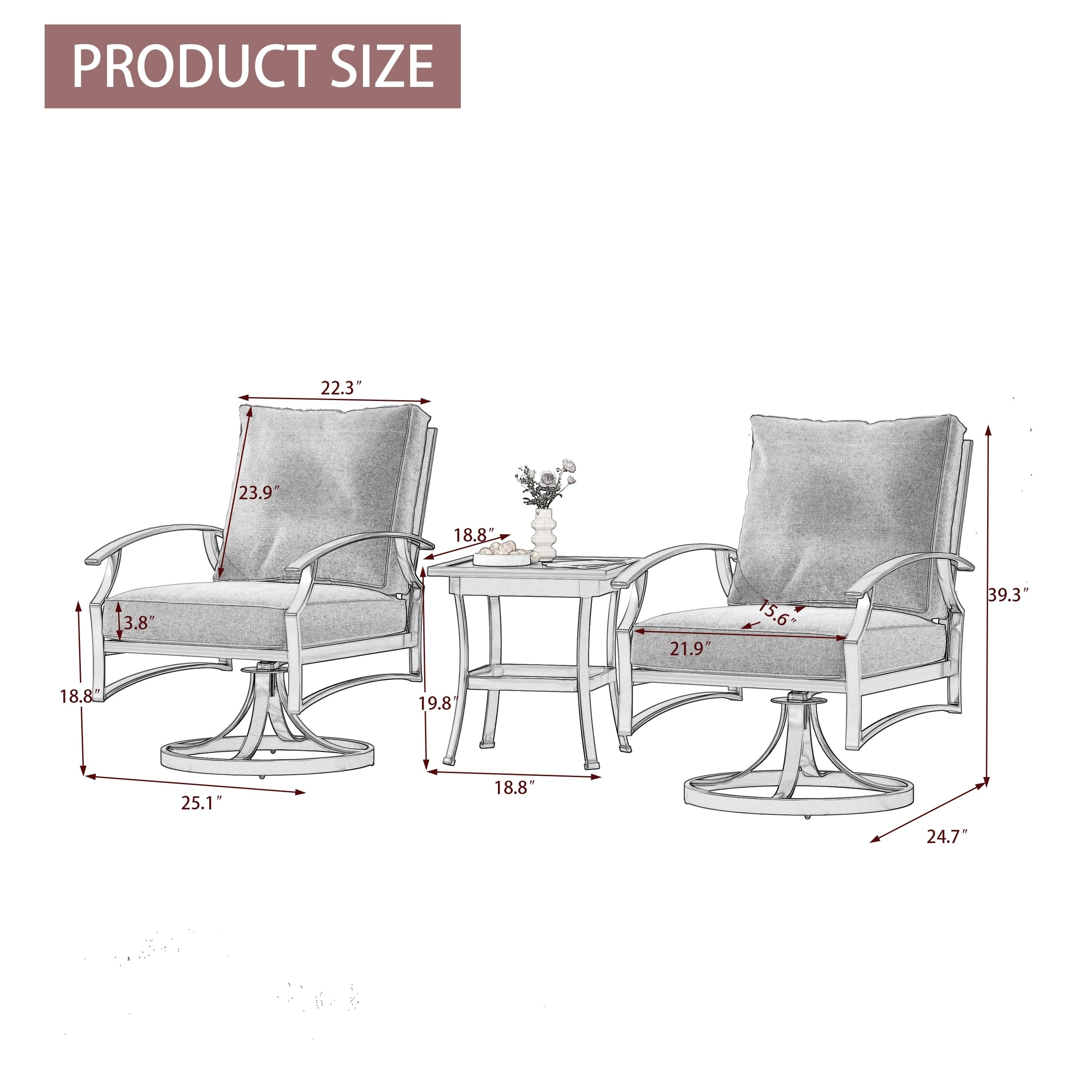 Fauteuil à bascule pivotant d'extérieur Uixe 3 pièces avec coussin et table d'appoint