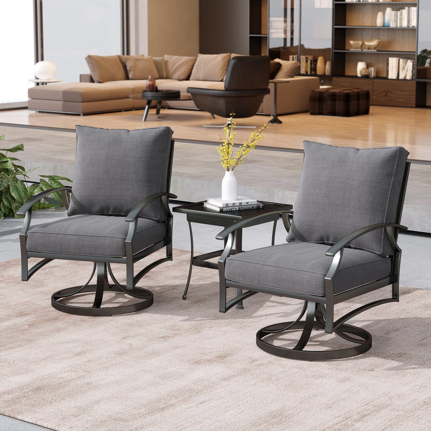 Fauteuil à bascule pivotant d'extérieur Uixe 3 pièces avec coussin et table d'appoint