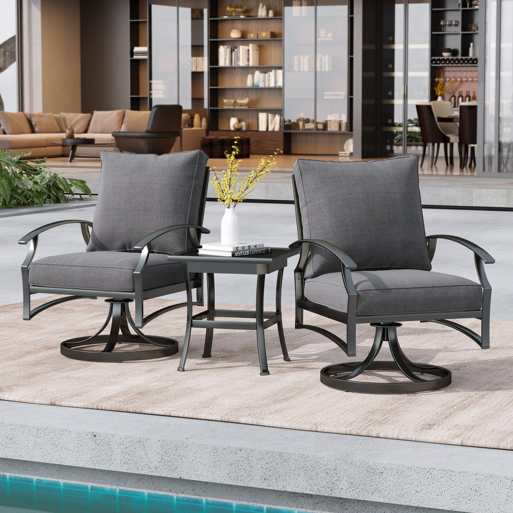 Fauteuil à bascule pivotant d'extérieur Uixe 3 pièces avec coussin et table d'appoint