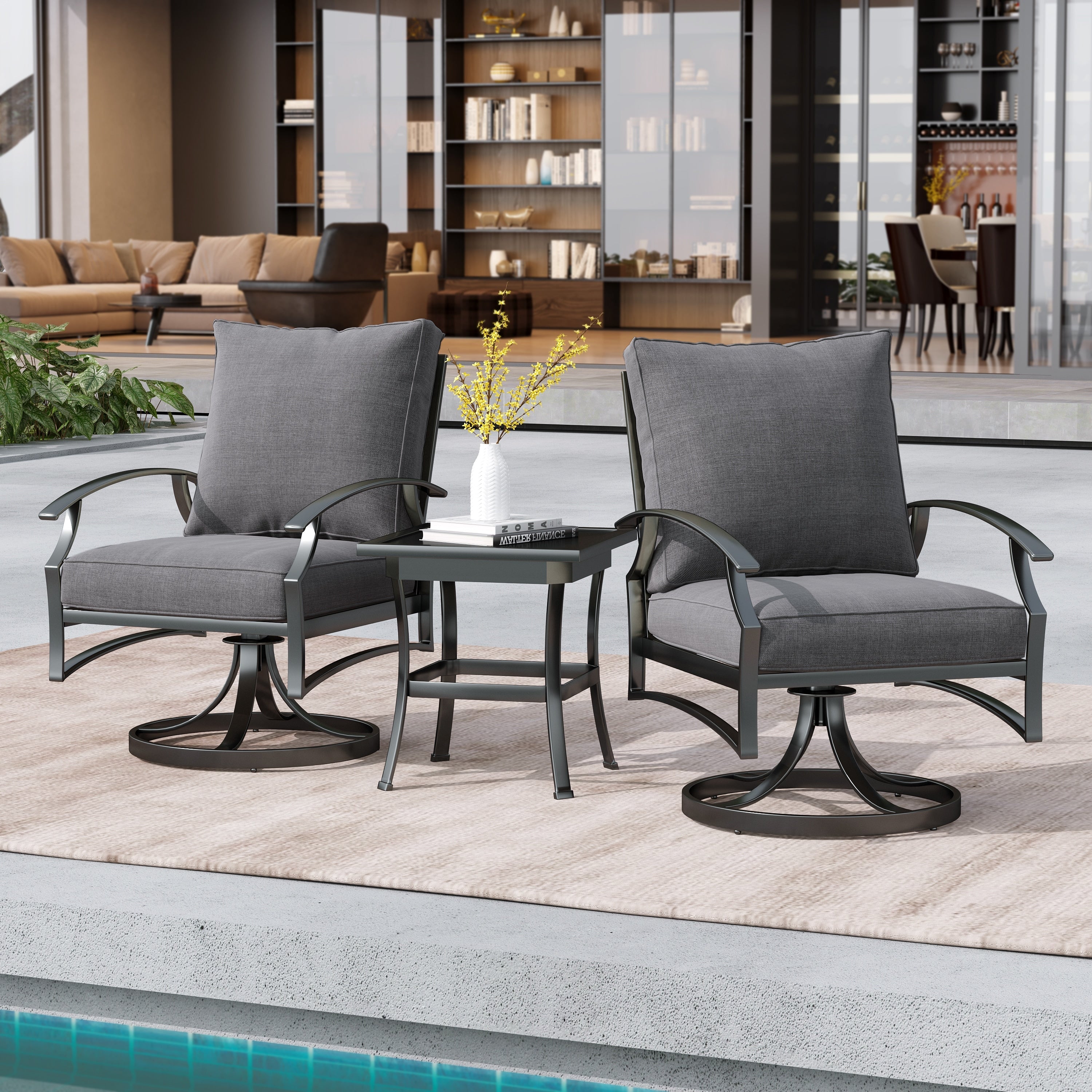 Fauteuil à bascule pivotant d'extérieur Uixe 3 pièces avec coussin et table d'appoint