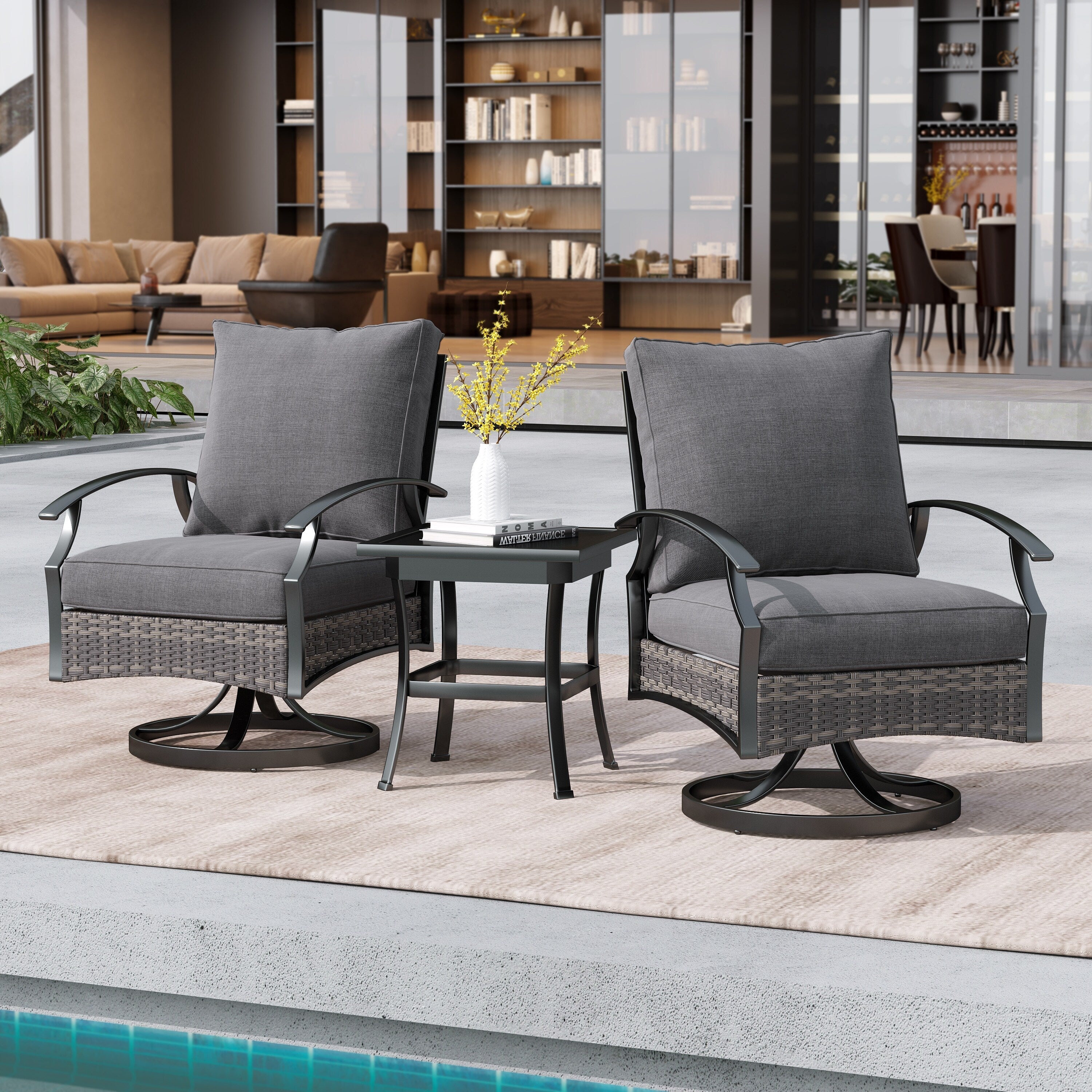 Ensemble de 3 chaises à bascule pivotantes d'extérieur Uixe en osier