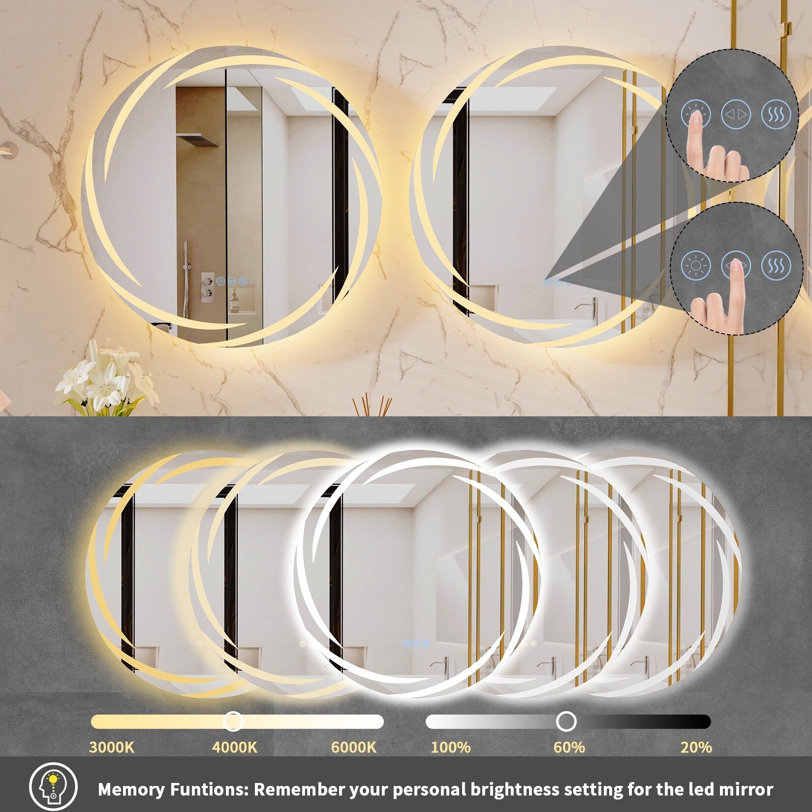 Miroir de salle de bain unique, grand et rétroéclairé à LED, sans scintillement