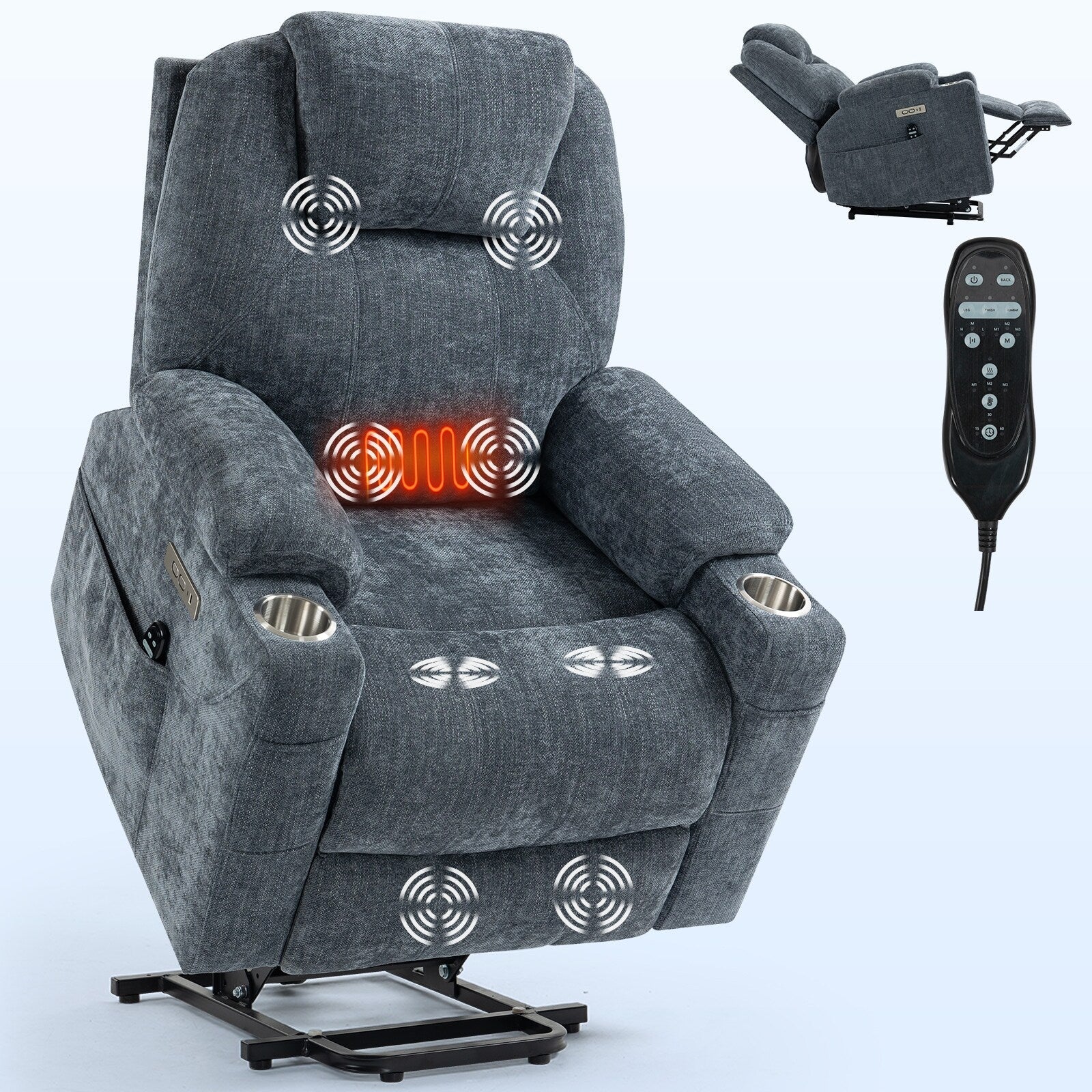 Fauteuil inclinable électrique en chenille jusqu'à 350 lb, mécanisme de mouvement robuste avec massage par vibration à 8 points et chauffage lombaire