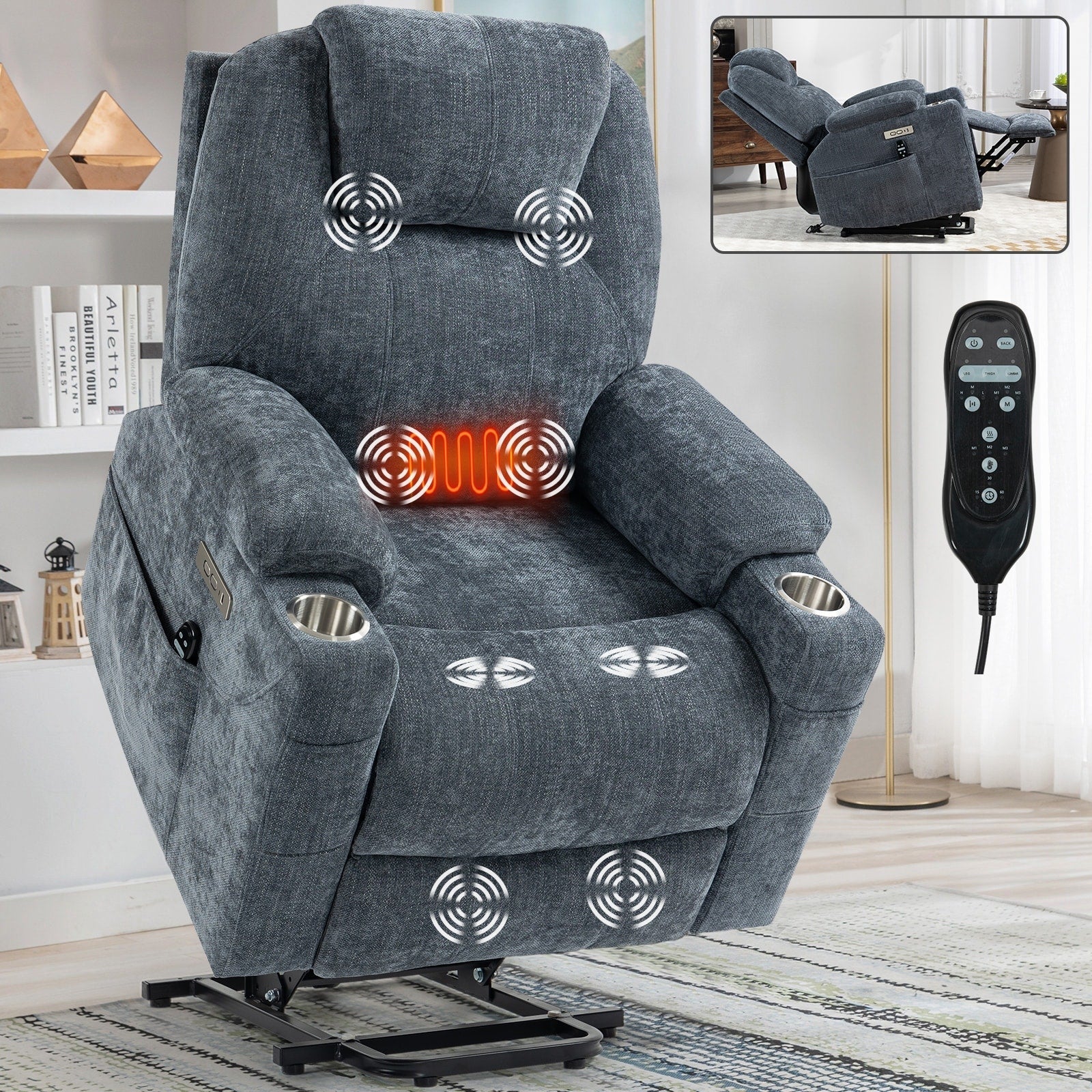 Fauteuil inclinable électrique en chenille jusqu'à 350 lb, mécanisme de mouvement robuste avec massage par vibration à 8 points et chauffage lombaire