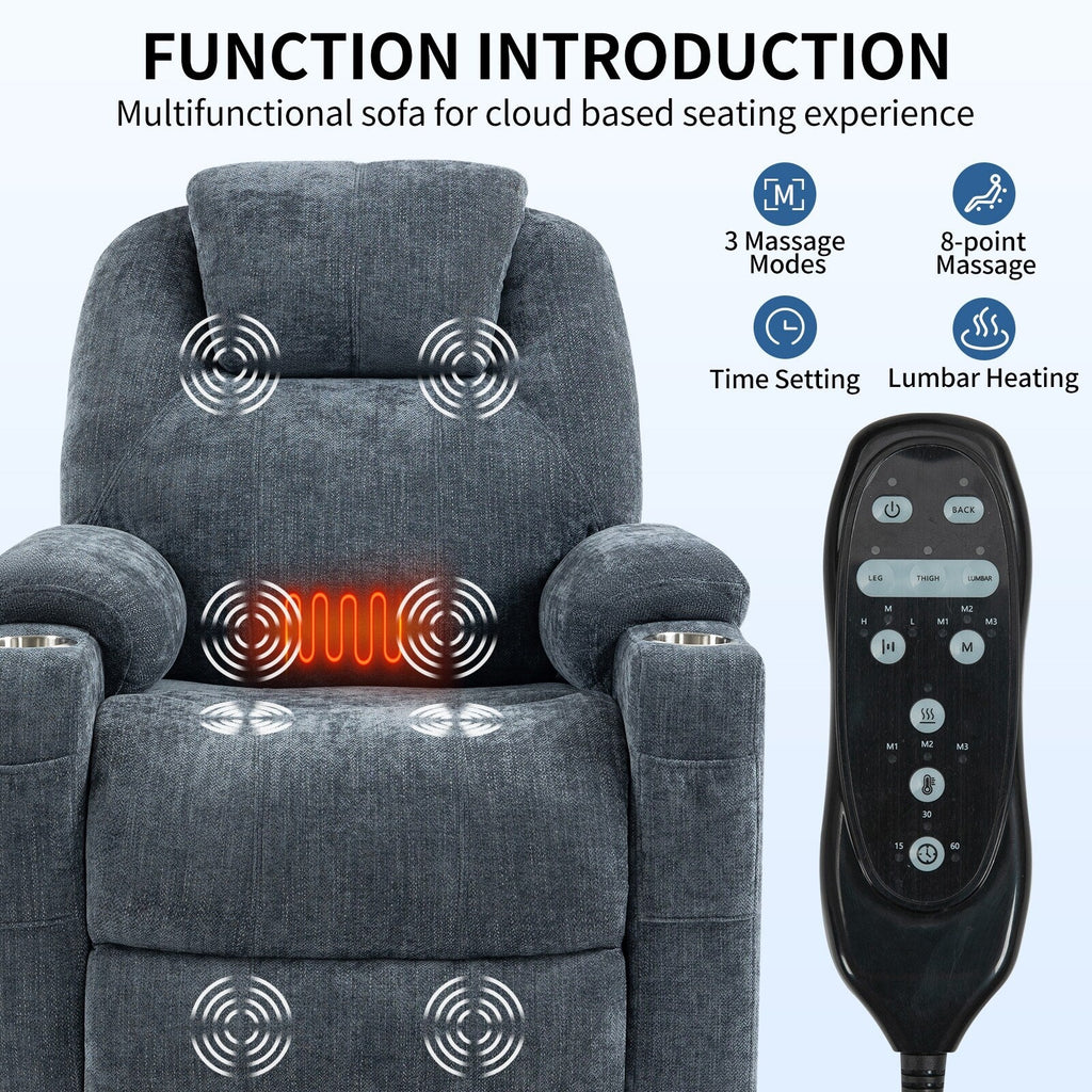 Fauteuil inclinable électrique en chenille jusqu'à 350 lb, mécanisme de mouvement robuste avec massage par vibration à 8 points et chauffage lombaire