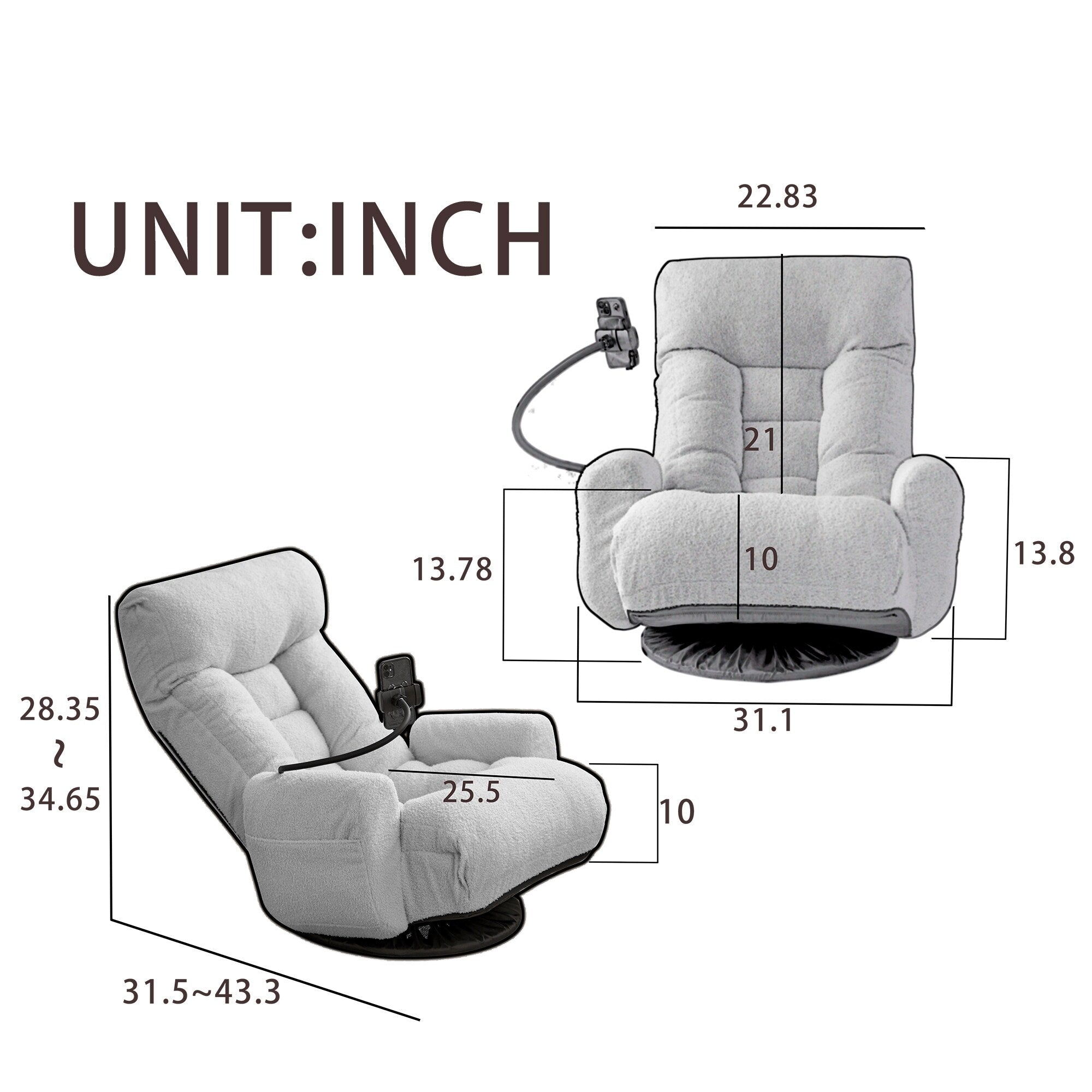 Fauteuil inclinable manuel pivotant à 360° avec support pour téléphone portable, appui-tête et dossier réglables