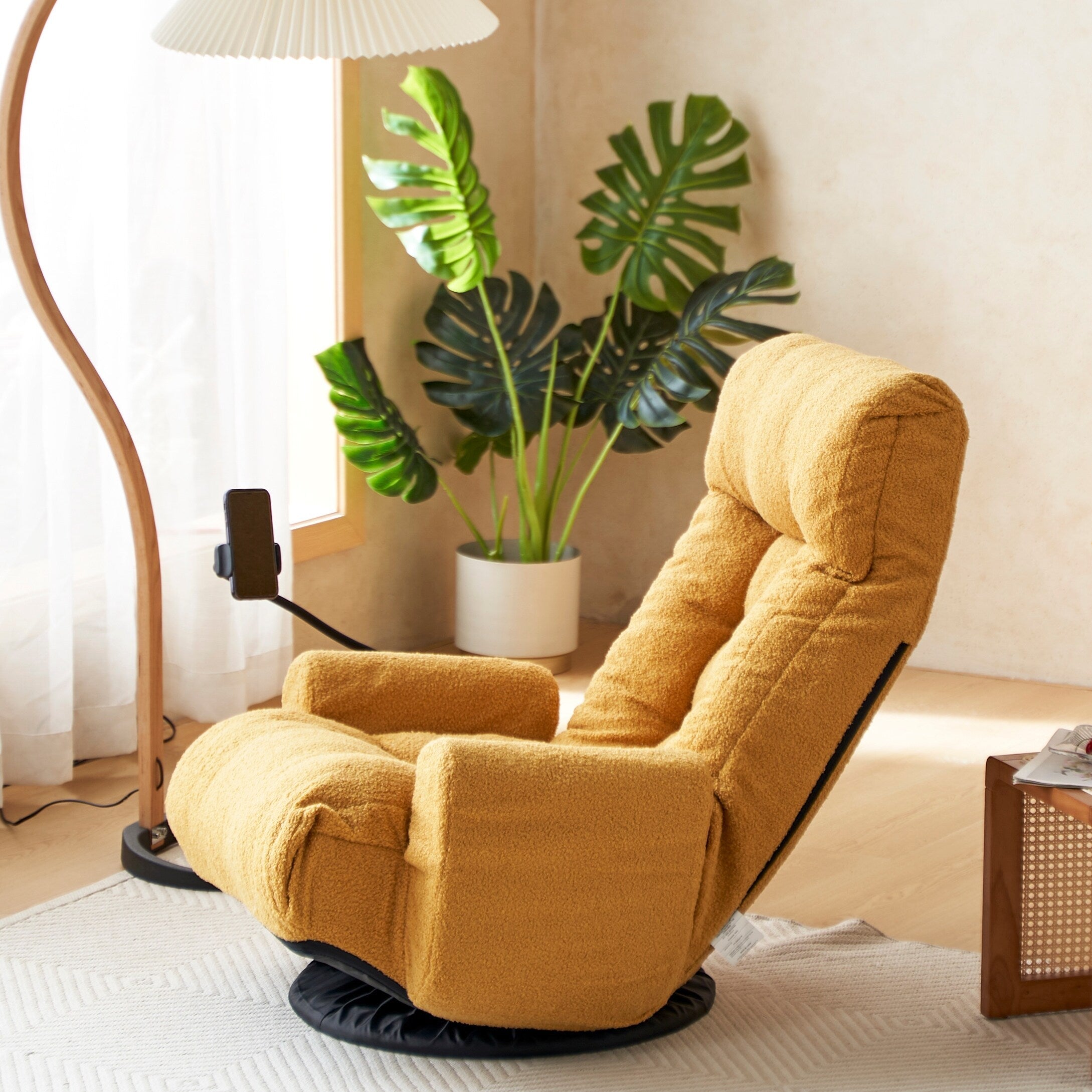 Fauteuil inclinable manuel pivotant à 360° avec support pour téléphone portable, appui-tête et dossier réglables
