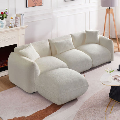 Canapé sectionnel blanc rembourré et confortable en duvet d'agneau doux avec pouf