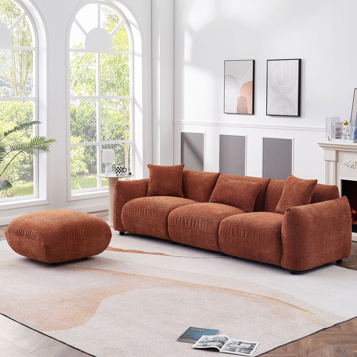 Canapé sectionnel blanc rembourré et confortable en duvet d'agneau doux avec pouf