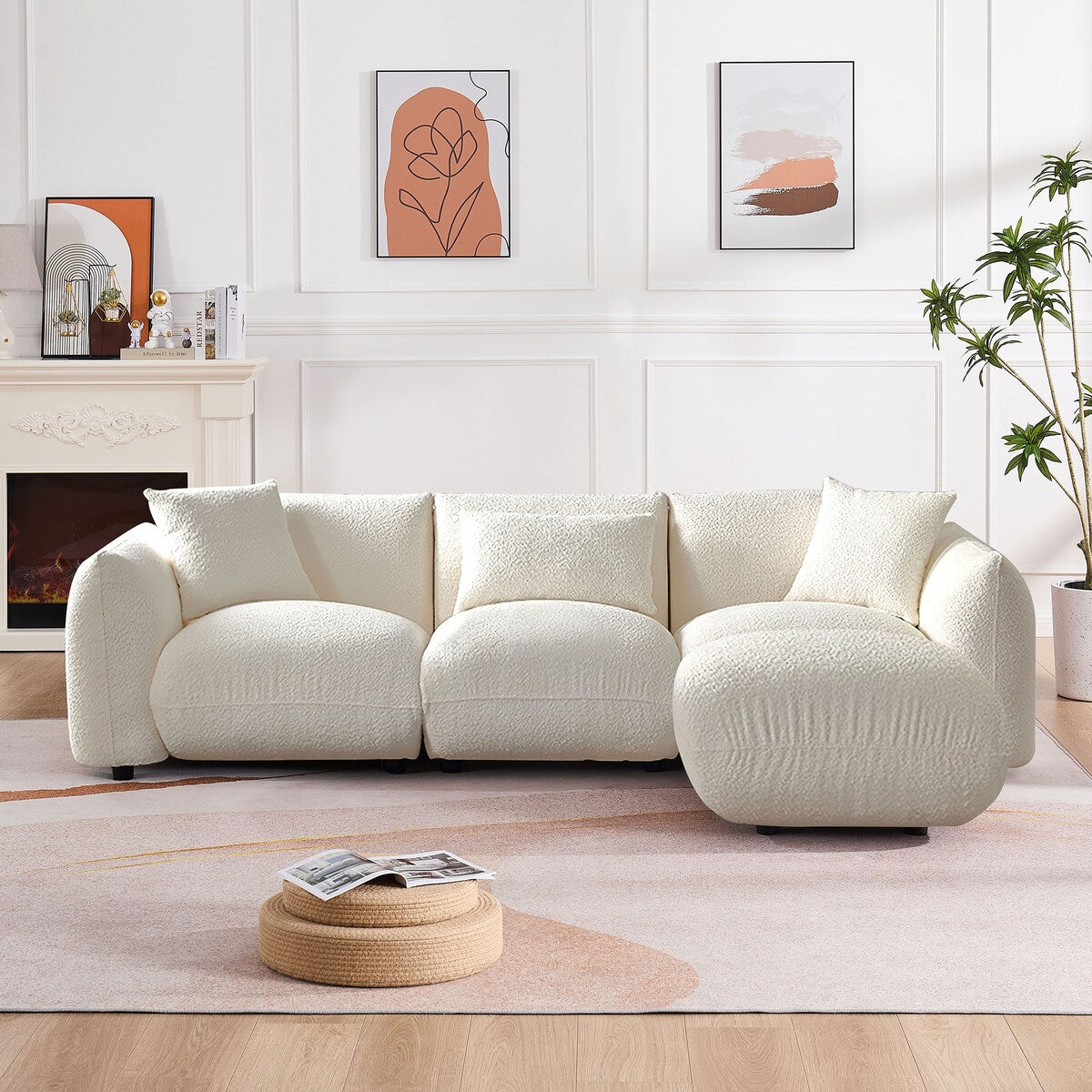 Canapé sectionnel blanc rembourré et confortable en duvet d'agneau doux avec pouf
