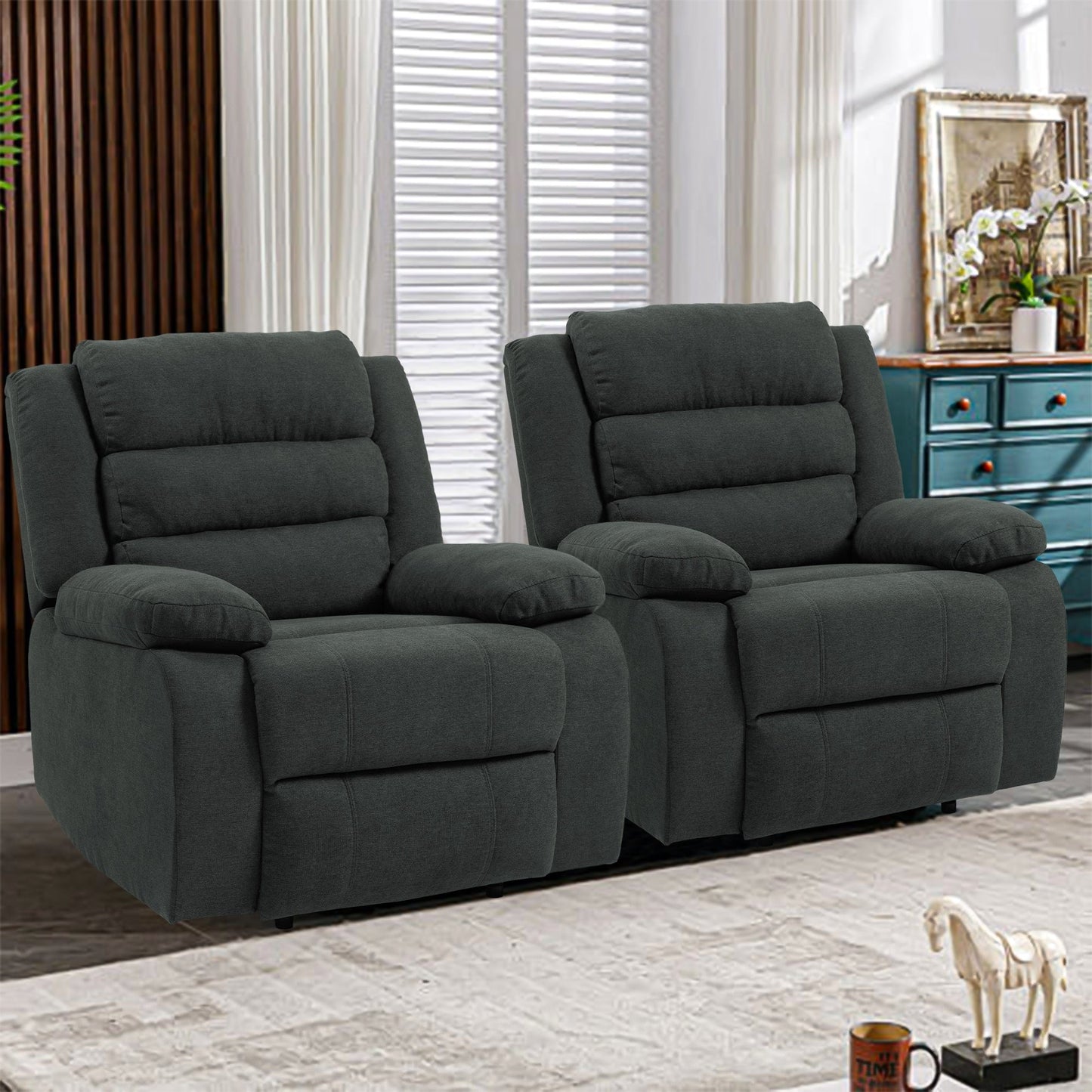 Fauteuil inclinable manuel rembourré en velours côtelé de coton avec accoudoirs larges