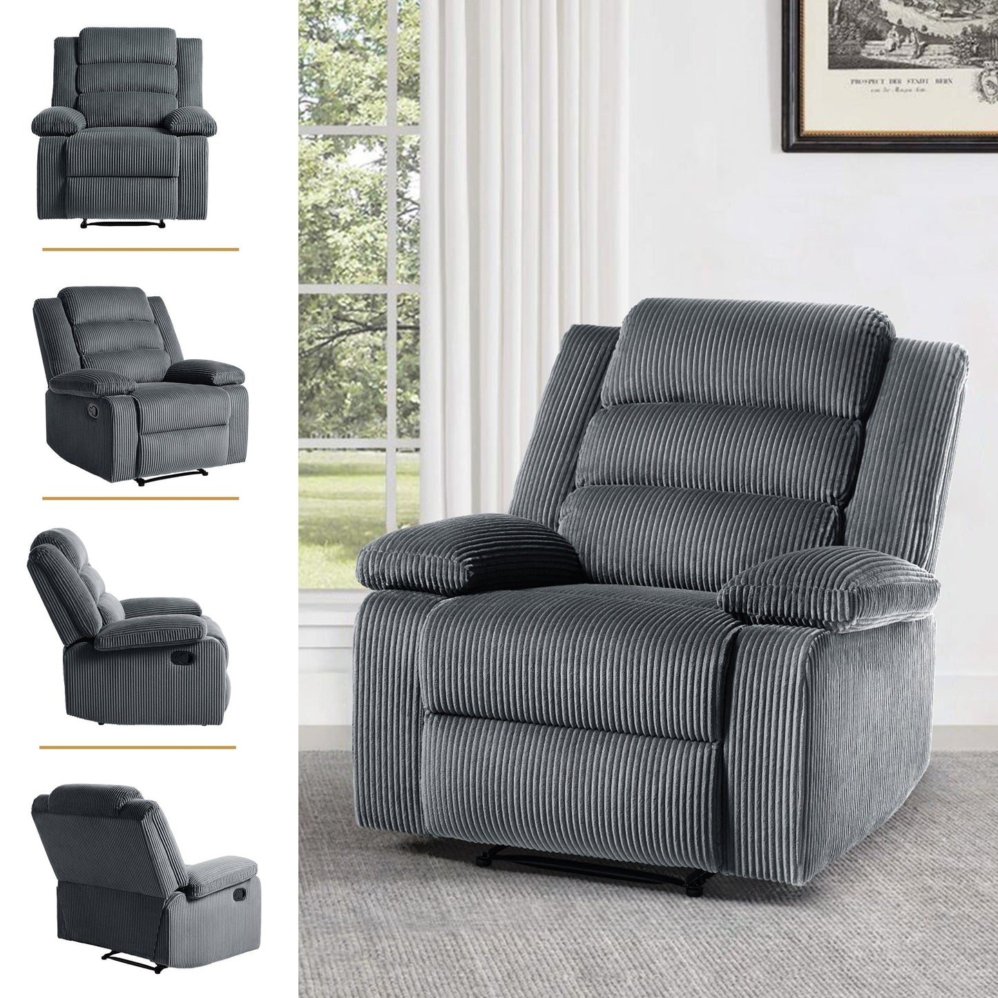 Fauteuil inclinable manuel rembourré en velours côtelé de coton avec accoudoirs larges