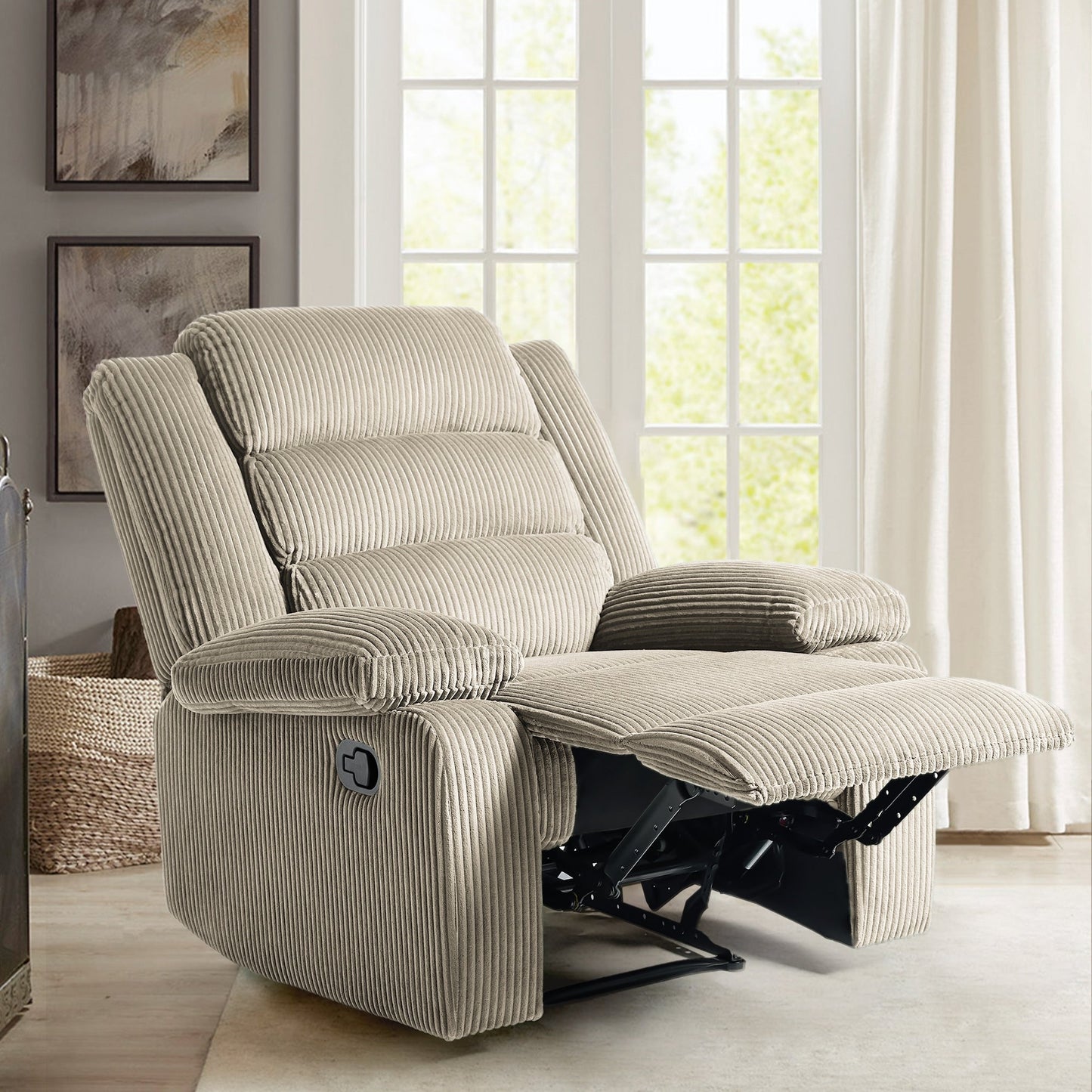 Fauteuil inclinable manuel rembourré en velours côtelé de coton avec accoudoirs larges