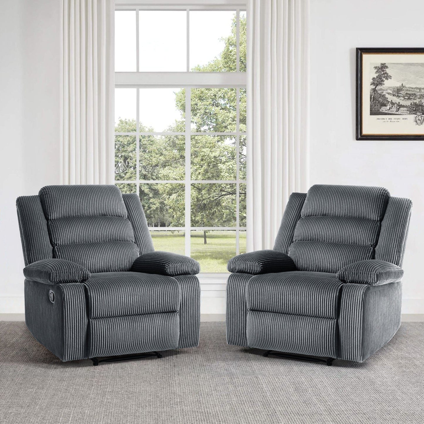 Fauteuil inclinable manuel rembourré en velours côtelé de coton avec accoudoirs larges